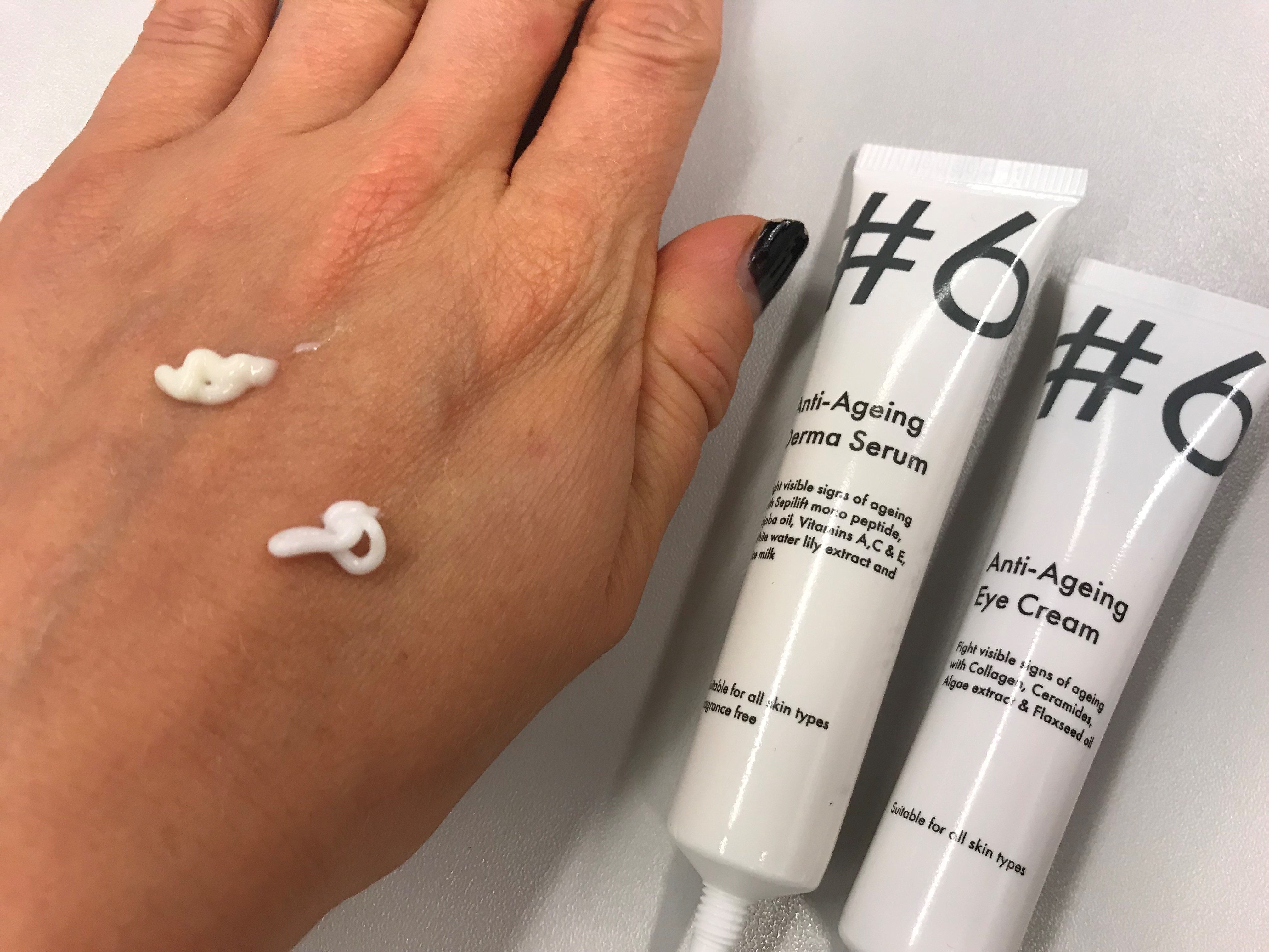 hand showing serums from the #6 skincare range at Poundland