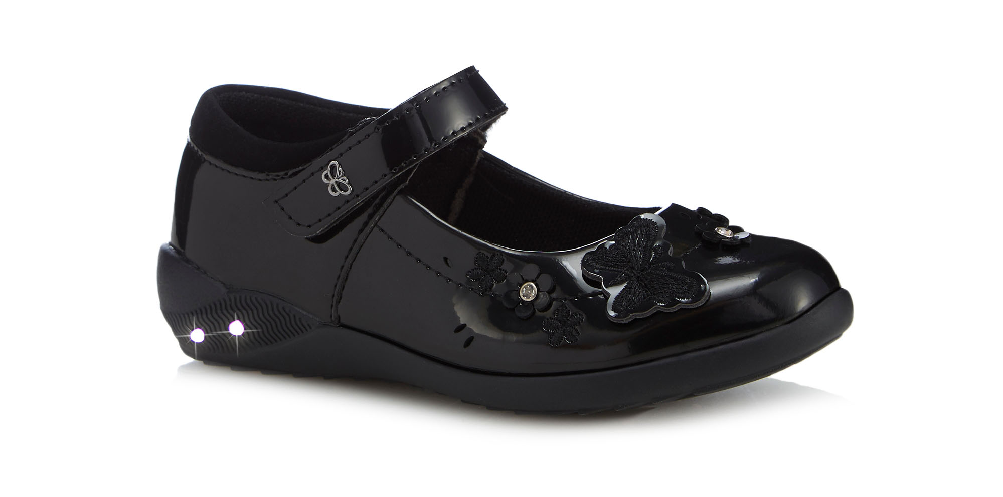 Girls' black patent light up Mary Jane school shoes from £24, Debenhams