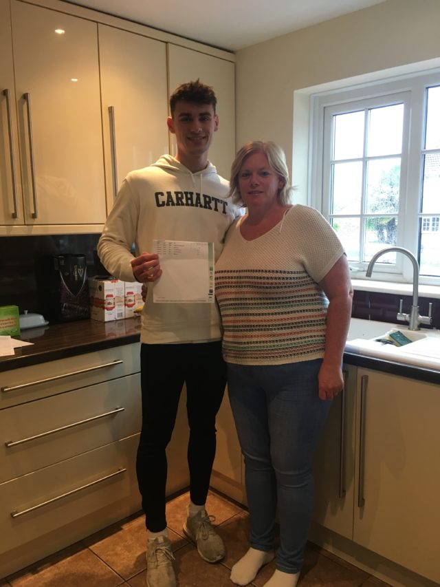 Great Britain swimmer Jacob Peters and his mum Rachael celebrate his A-level results.