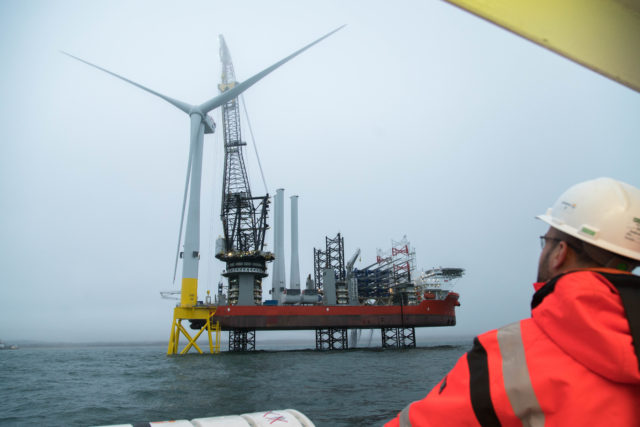 A turbine is installed at the European Offshore Wind Deployment Centre 