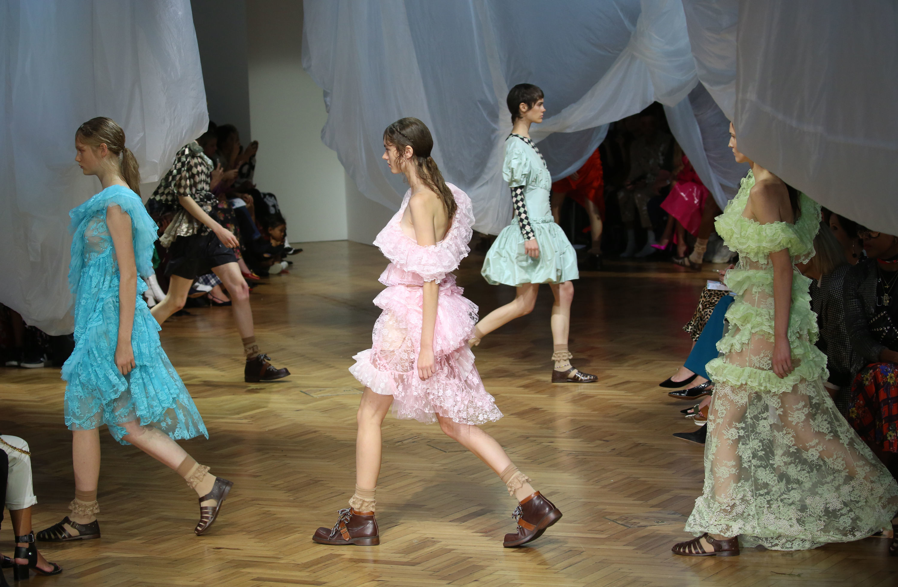 Models on the catwalk during the Preen by Thornton Bregazzi London Fashion Week SS19 show held at Lindley Hall, London.