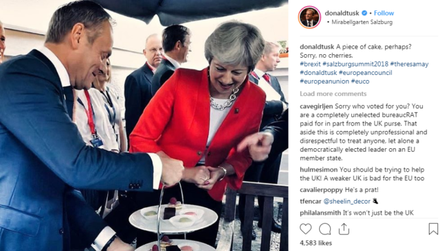 European Council president Donald Tusk appears to mock Theresa May on his Instagram account 