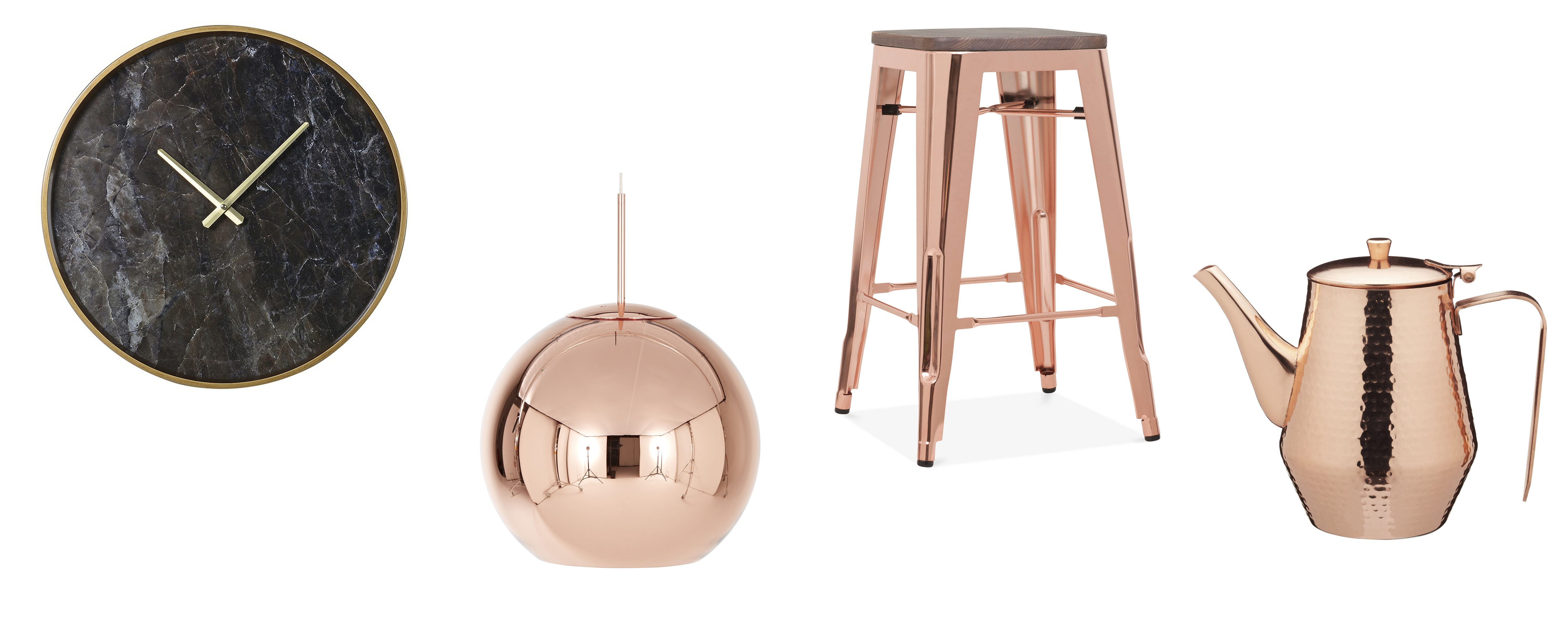(L-R) Dark Marble Effect Wall Clock, £45, The Farthing; Tom Dixon Copper Pendant, £455, Rume; Tolix Style Metal Bar Stool, Rose Gold, £69, Cult Furniture; Le’Xpress 1.1 Litre Stainless Steel Hammered Copper Finish Coffee Pot, £39.99, visit Kitchen Craft for stockists (The Farthing/Rume/Cult Furniture/Kitchen Craft/PA)