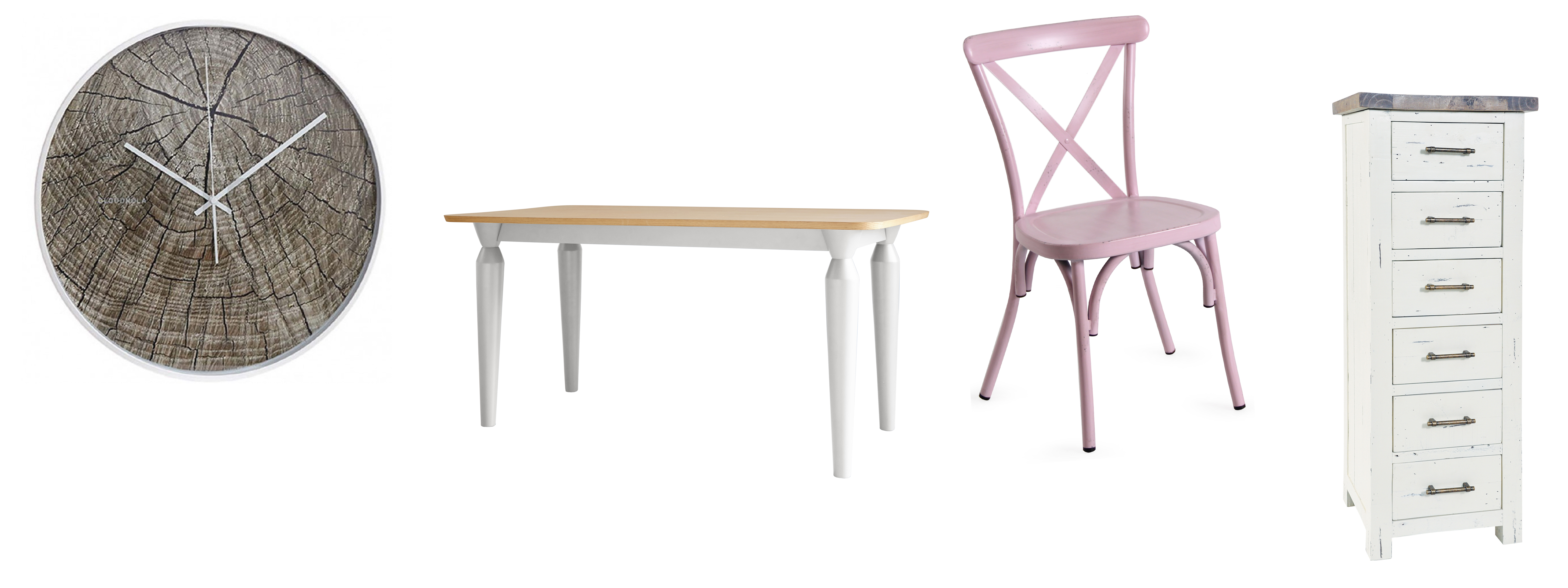 (L-R) Cloudnola Structure Wood Wall Clock, £67.20, Viva Lagoon; Cleo 6-Seater Oak and Matt White Dining Table, currently reduced from £329 to £229, Danetti; Retro Cross Back Dining Chair, Pink, £99.99, Garden Furniture Centre; Dorset Tall Reclaimed Wood Chest of Drawers, £395, Modish Living (Viva Lagoon/Danetti/Garden Furniture Centre/ Modish Living/PA)