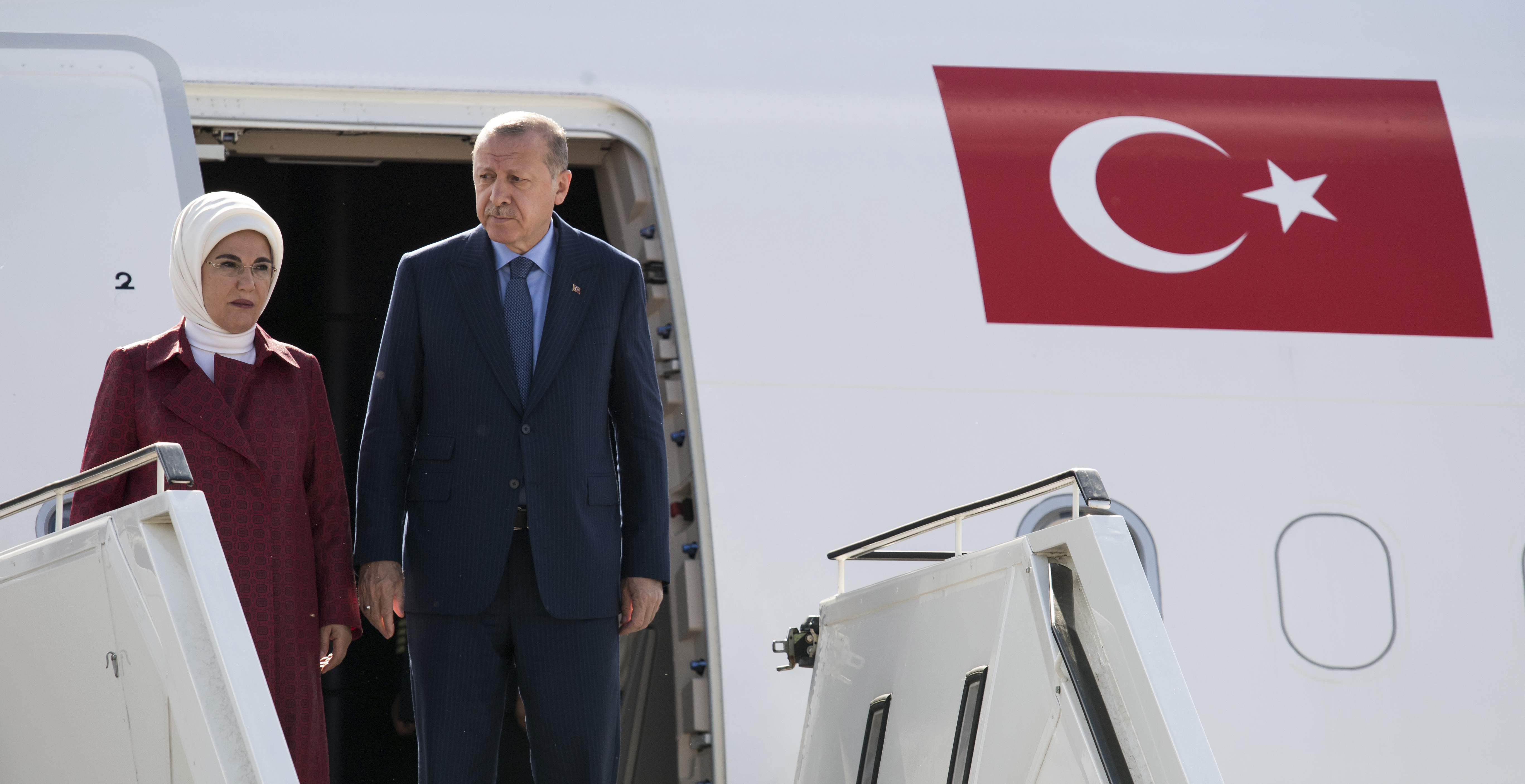 Turkey's president Recep Tayyip Erdogan and his wife Emine arrive in Germany