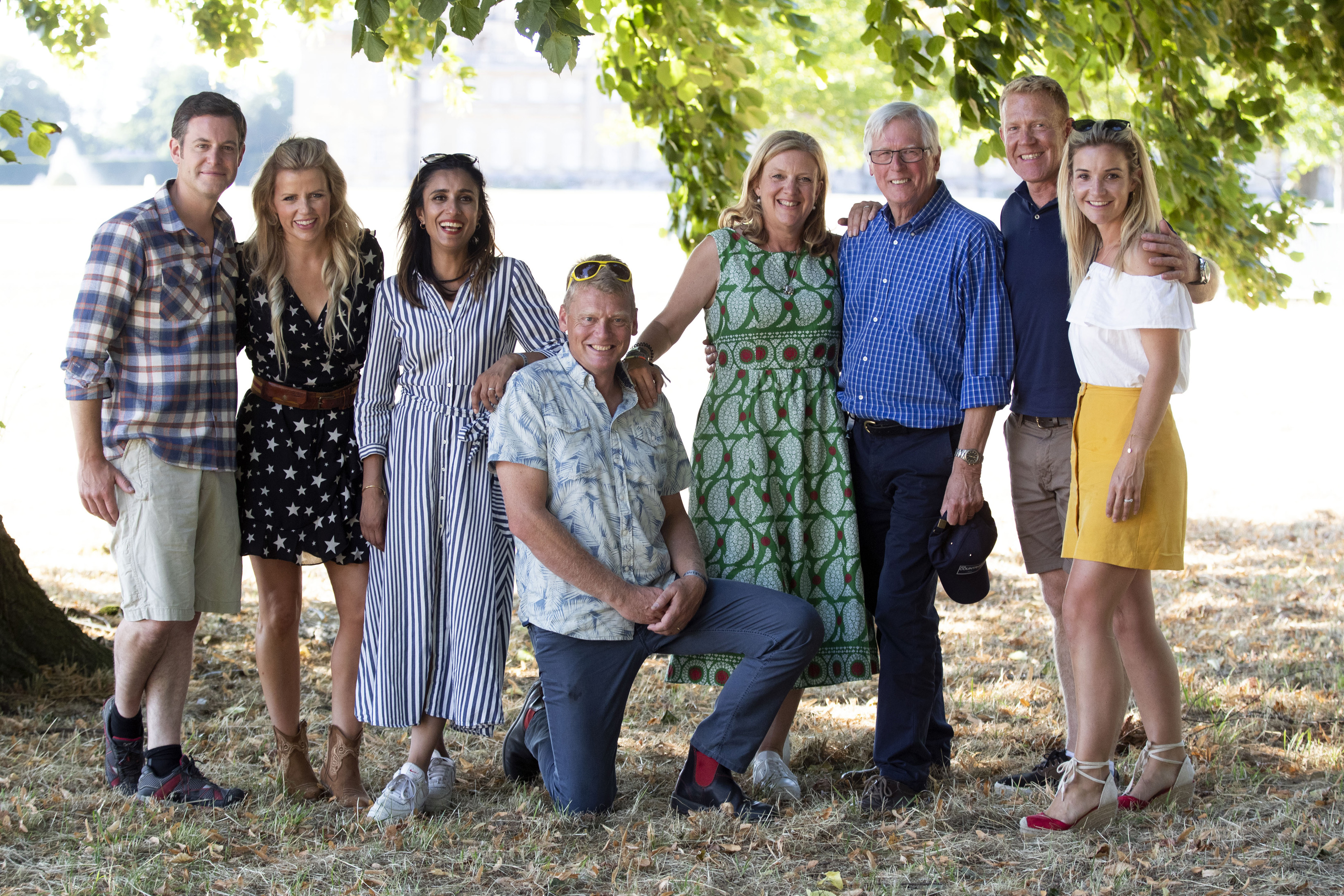 Helen Skelton (far right) with the Countryfile presenters (left to right) Matt Baker, Ellie Harrison, Anita Rani, Tom Heap, Charlotte Smith, John Craven, Adam Henson, at Blenheim Palace, near Woodstock, Oxfordshire, August 2018. (Steve Parsons/PA)