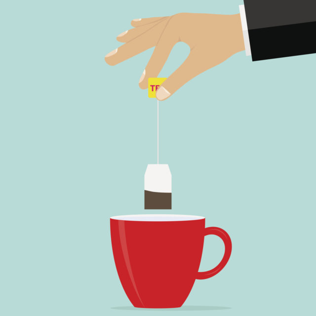 The hand holds a teabag over the cup. Brew tea. Flat design, vector illustration, vector.