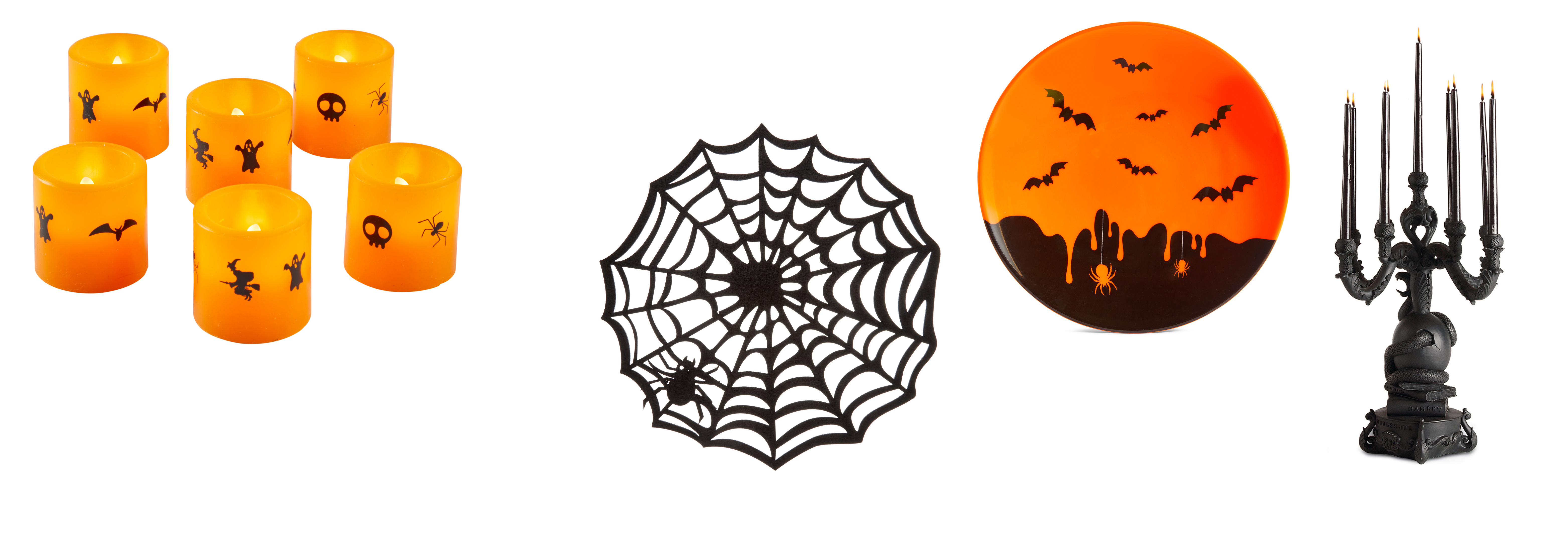 (L-R) Six Wax Halloween Candles, £9.99, Lights4Fun; Halloween Felt Spider Web Placemats, pack of 4, £8, John Lewis; Halloween Melamine Plate, £3.50, Marks & Spencer; Skull/Snake Candleholder Black, £410, Out There Interiors (Lights4Fun; John Lewis/Out There Interiors/Marks & Spencer/PA)