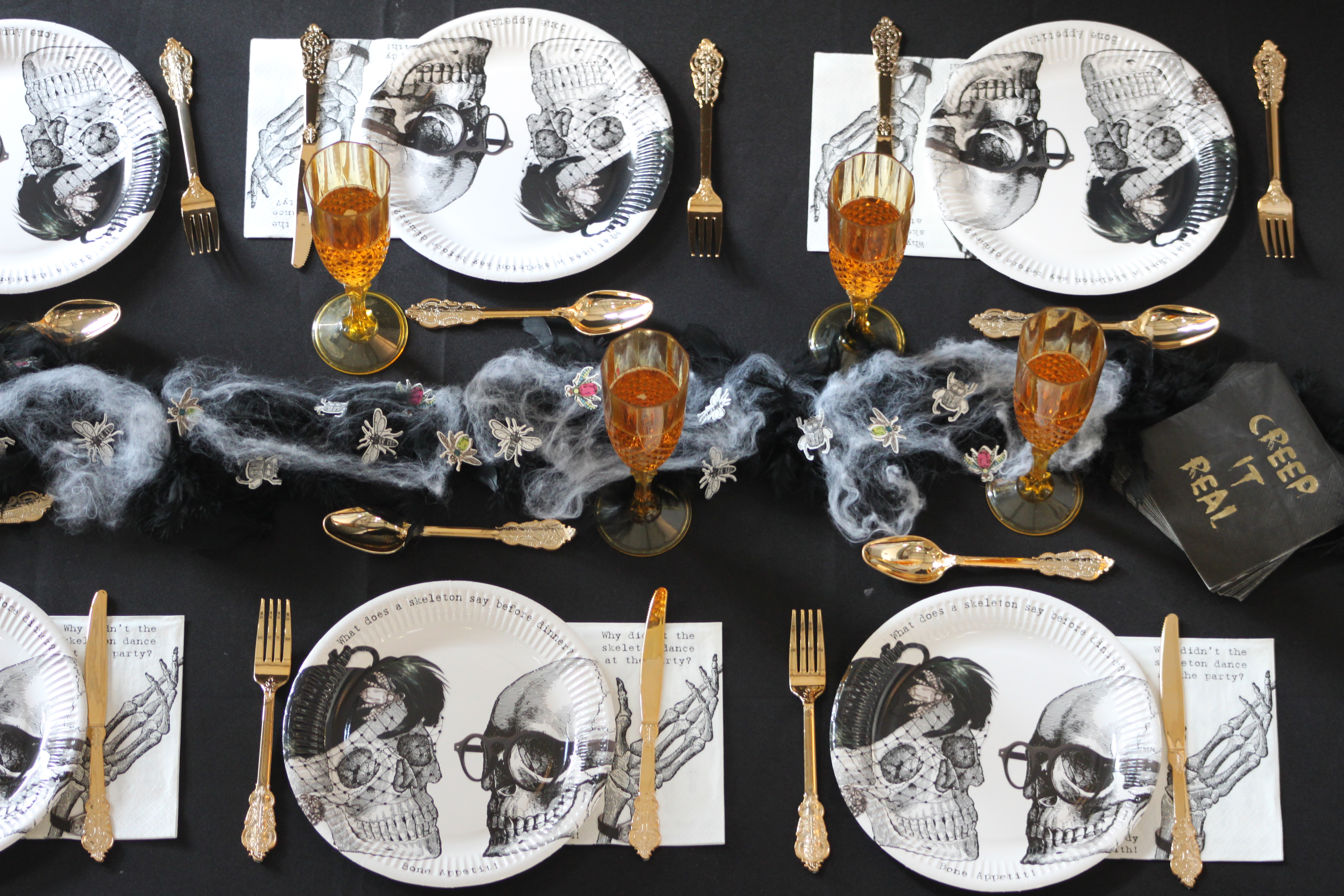 Skeleton Crew range: Paper Plates, pack of 8, currently reduced from £3 to £1.20; Paper Napkins, pack of 20, currently reduced from £2.92 to £1.26; Bug Scatter Decoration, currently reduced from £2.92 to £2.40; Party Porcelain: Gold Champagne Flute, £2; Rose Gold Cutlery, £7; Baroque Skeleton Cocktail Napkins, Creep It Real, pack of 16, £2.92, all Talking Tables (Talking Tables/PA)