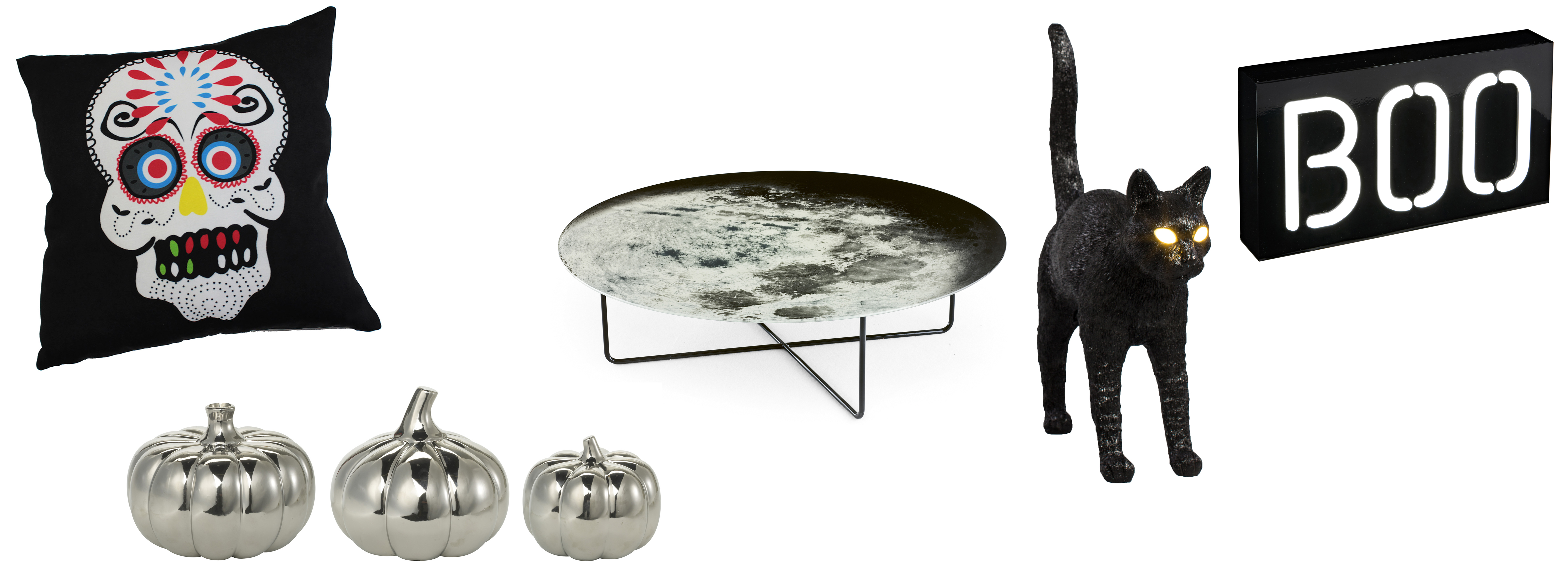 (L-R) Sugar Skull Cushion, currently reduced from £15.99 to £7.99, Studio; Silver Pumpkins, Homesense; My Moon My Mirror Table, by Diesel With Moroso, £828, Nest; Cat Lamp, in Black, £205, Out There Interiors; Boo Halloween Neon Light, £14.99, Lights4Fun (Studio/Homesense/Nest.co.uk/Out There Interiors/Lights4Fun)
