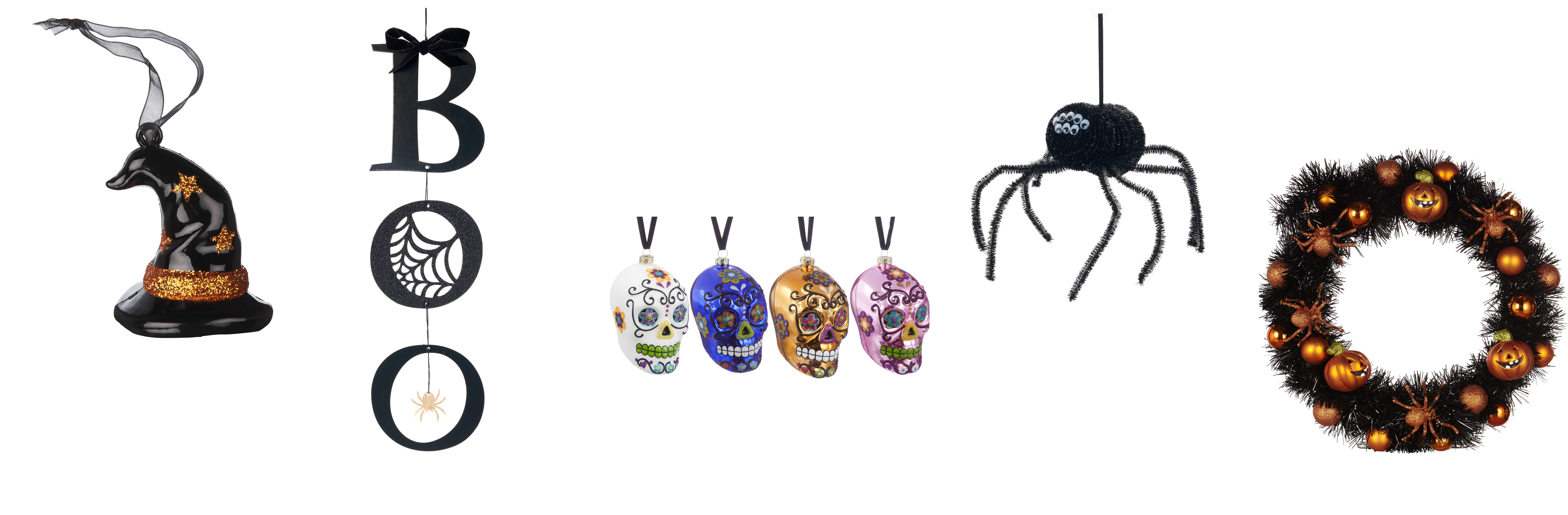 (L-R) Halloween Hanging Decoration Witches Hat, £2, John Lewis; Halloween Hanging Boo Sign, £.3.50, Sainsbury's; Decorative Glass Skulls, Pack of 4, £18; Halloween Tinsel Spider, Red/Black, £5, Sainsbury's; Pumpkin Spider Tinsel Wreath, £18, John Lewis (John Lewis/Sainsbury's/PA)