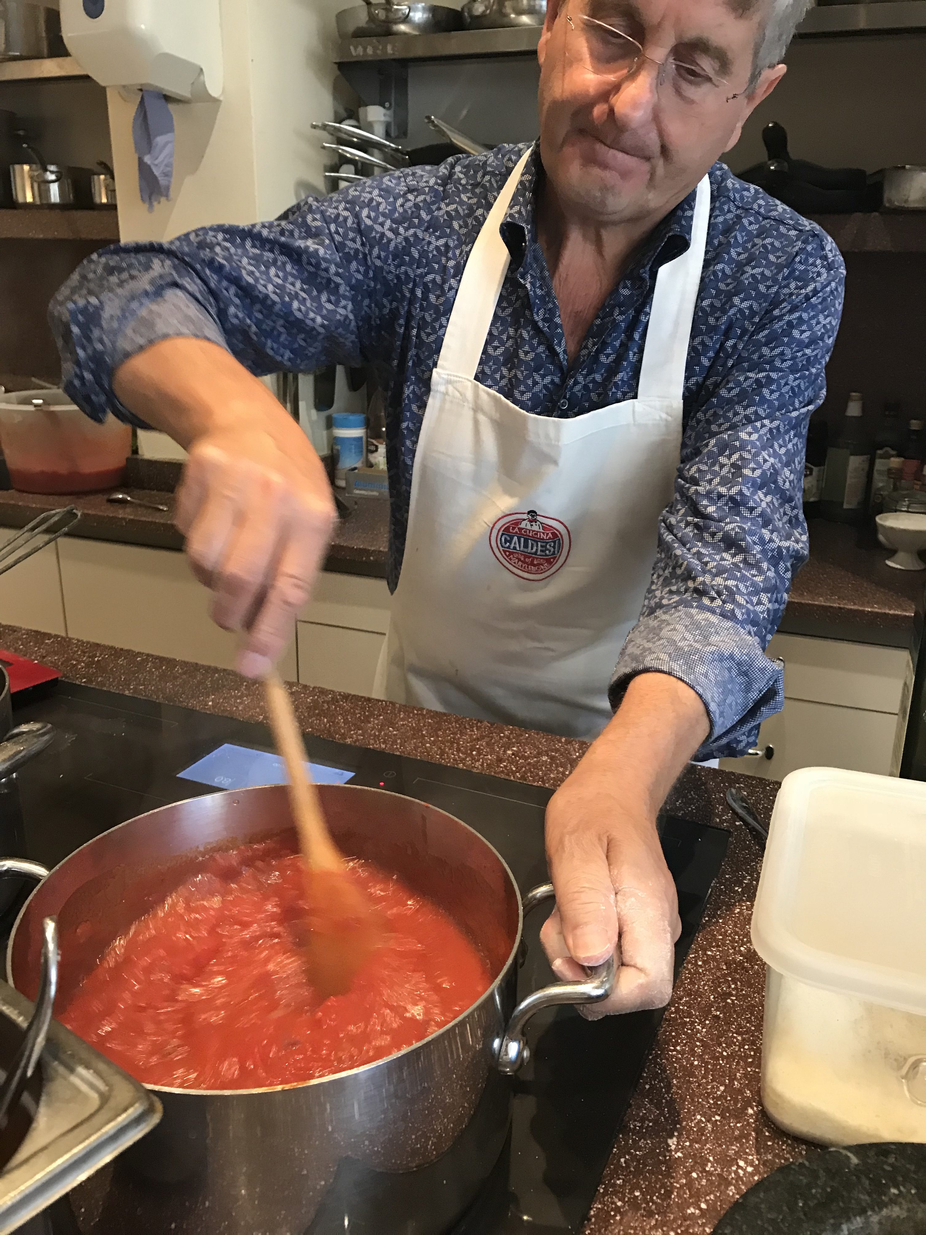 Giancarlo Caldesi making tomato sauce