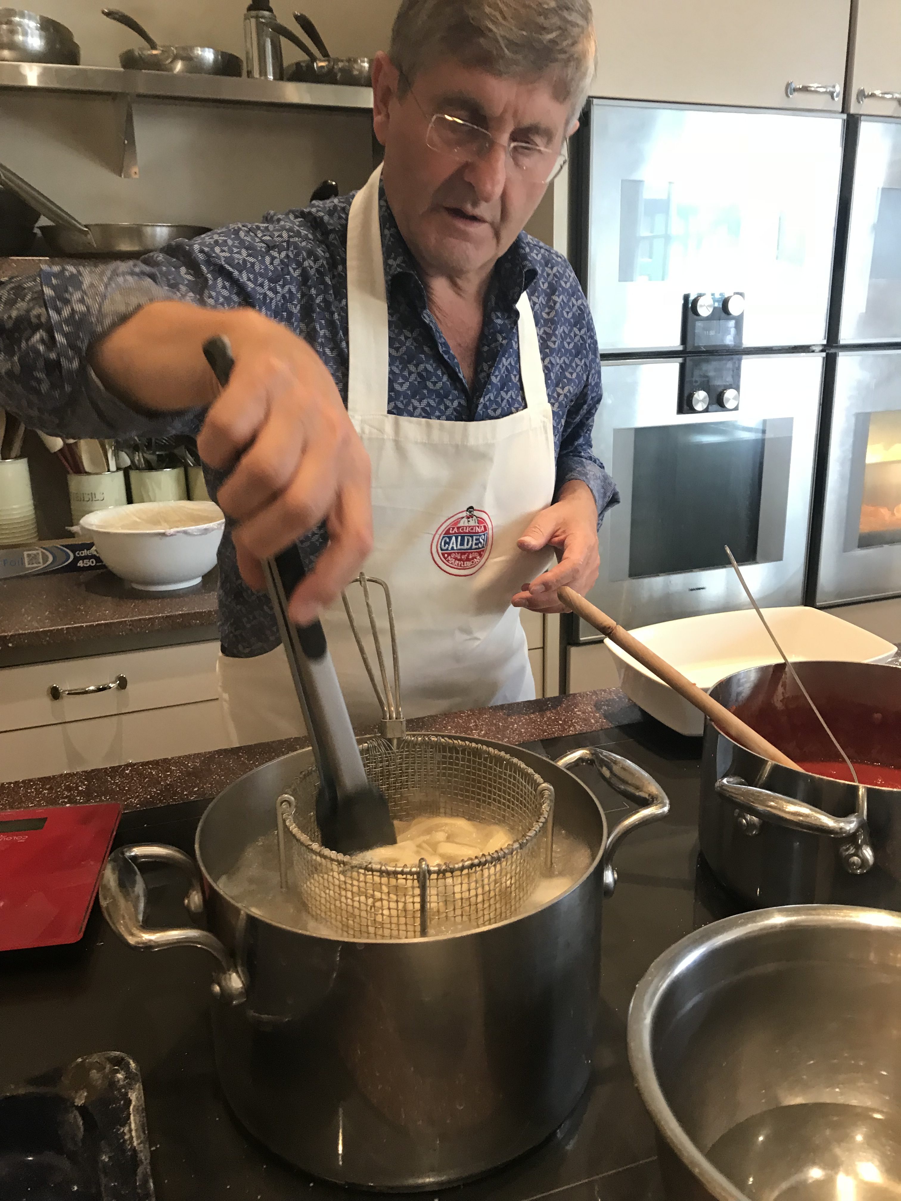 Giancarlo cooks his fresh pasta before cooling it in the oil