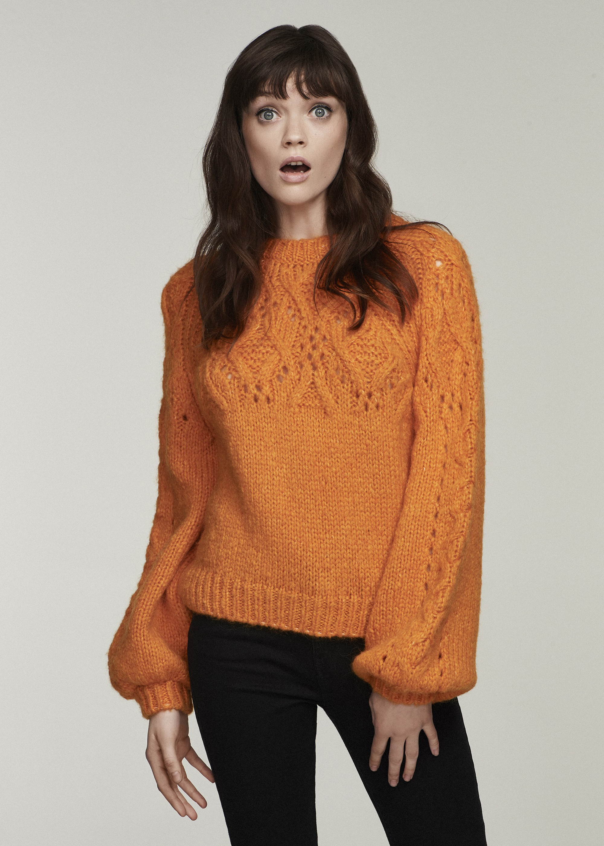 model wearing H! by Henry Holland Orange Chunky Cable Knit Jumper