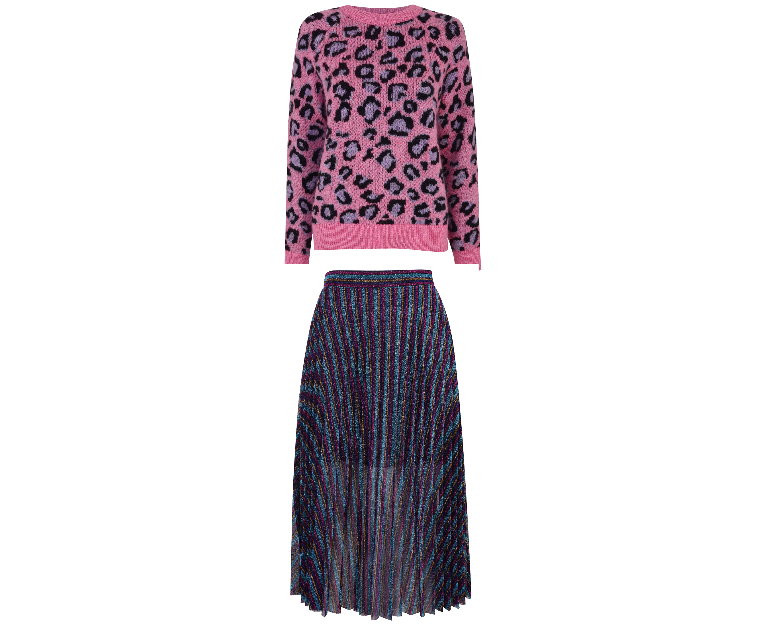 H! by Henry Holland Pink Animal Print Jumper and Purple Metallic Stripe Pleated Midi Skirt