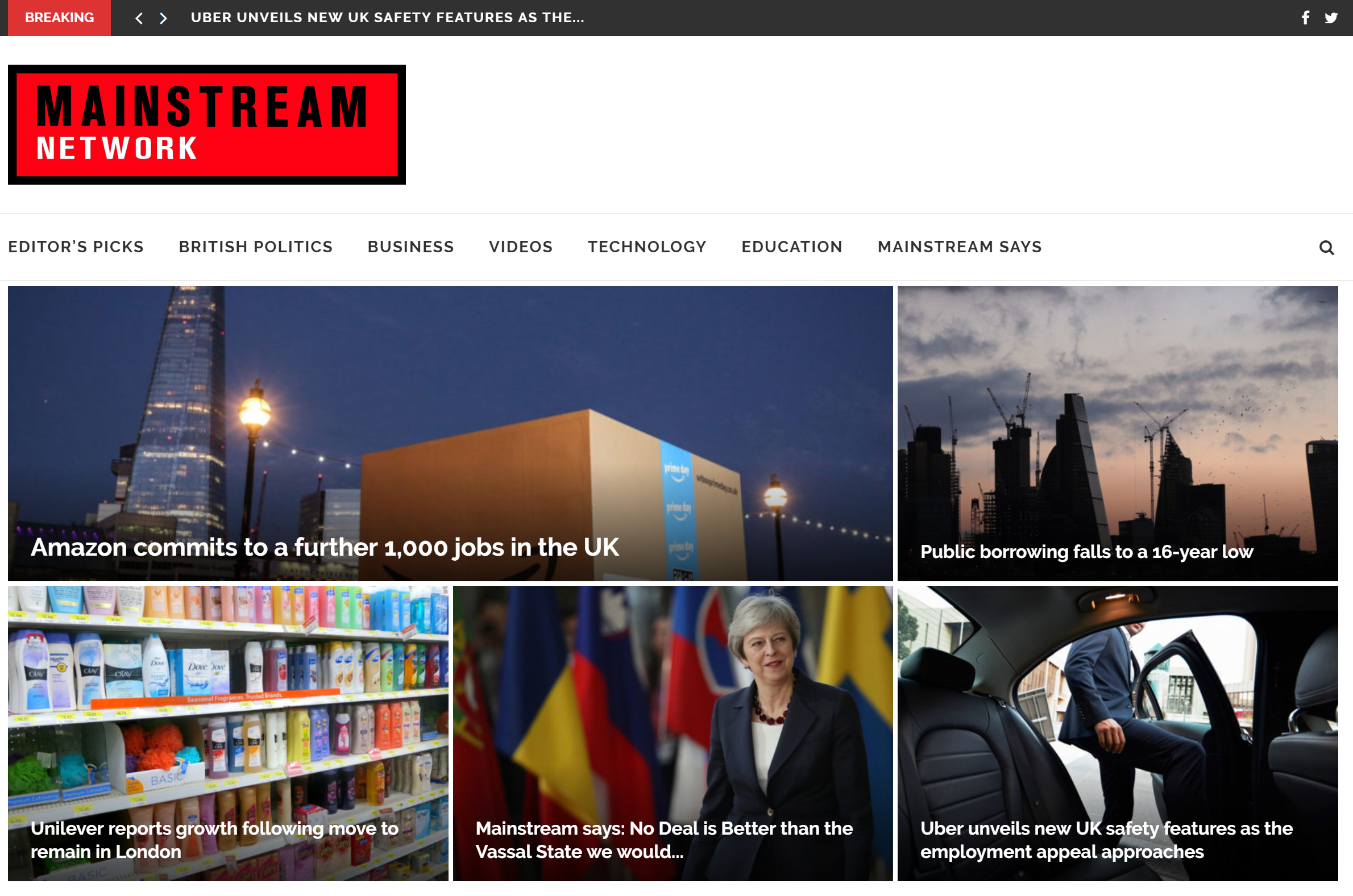The home page of the Mainstream Network website, featuring stories about Brexit, the UK and <a href=
