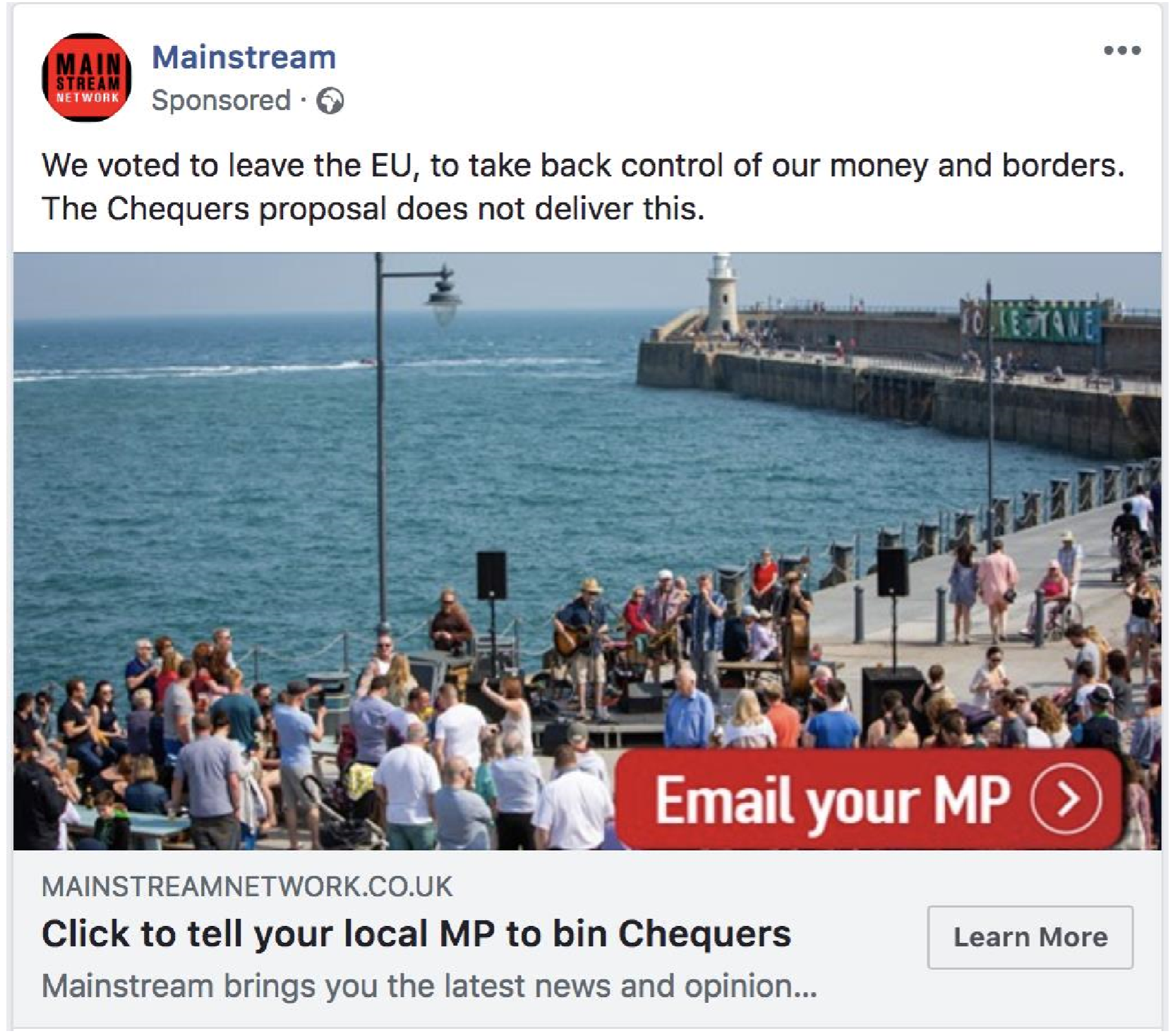 A screenshot of a Facebook advert from Mainstream showing the coast at Folkestone, dismissing the Chequers Brexit deal