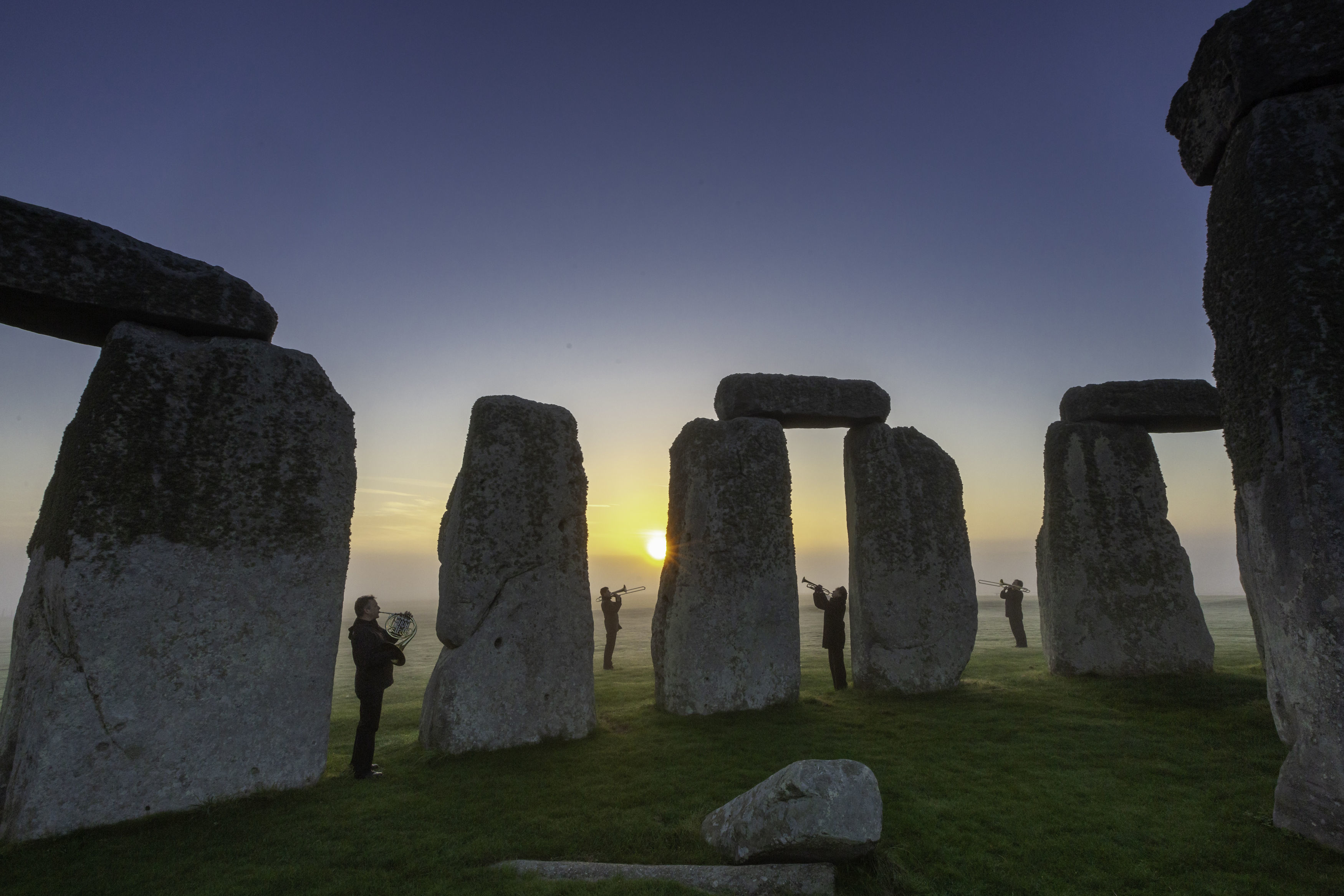 Musicians rehearsing at Stonehenge in Wiltshire ahead of English Heritage's celebrations marking 100 years since Stonehenge was donated to the nation