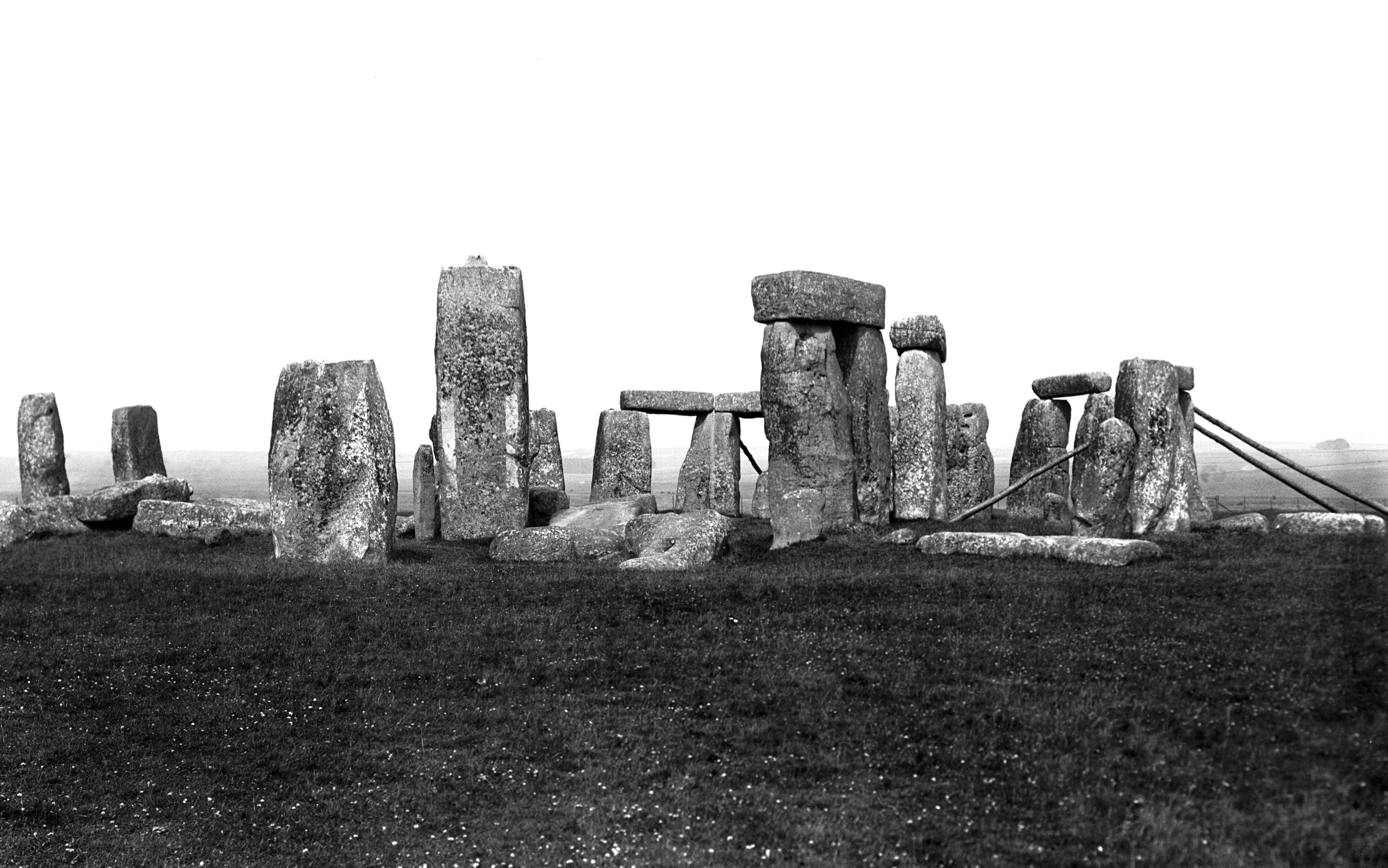 Stonehenge whilst its sarsen stones were buttressed with timber to prevent their collapse in 1913 