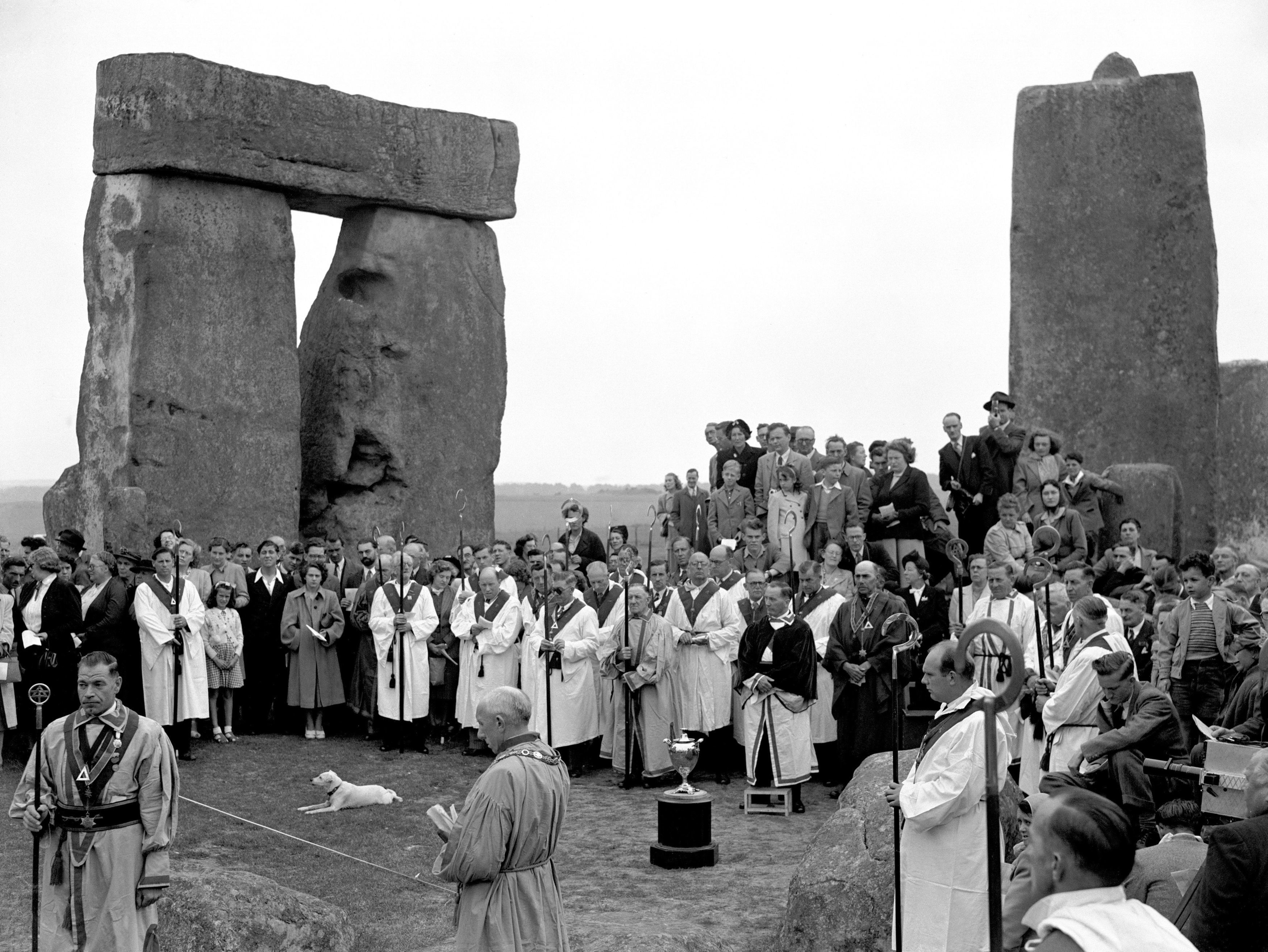 Members of the Haemus Lodge (Brighton and Worthing District of Sussex) during their mid-summer ceremony at Stonehenge in 1949