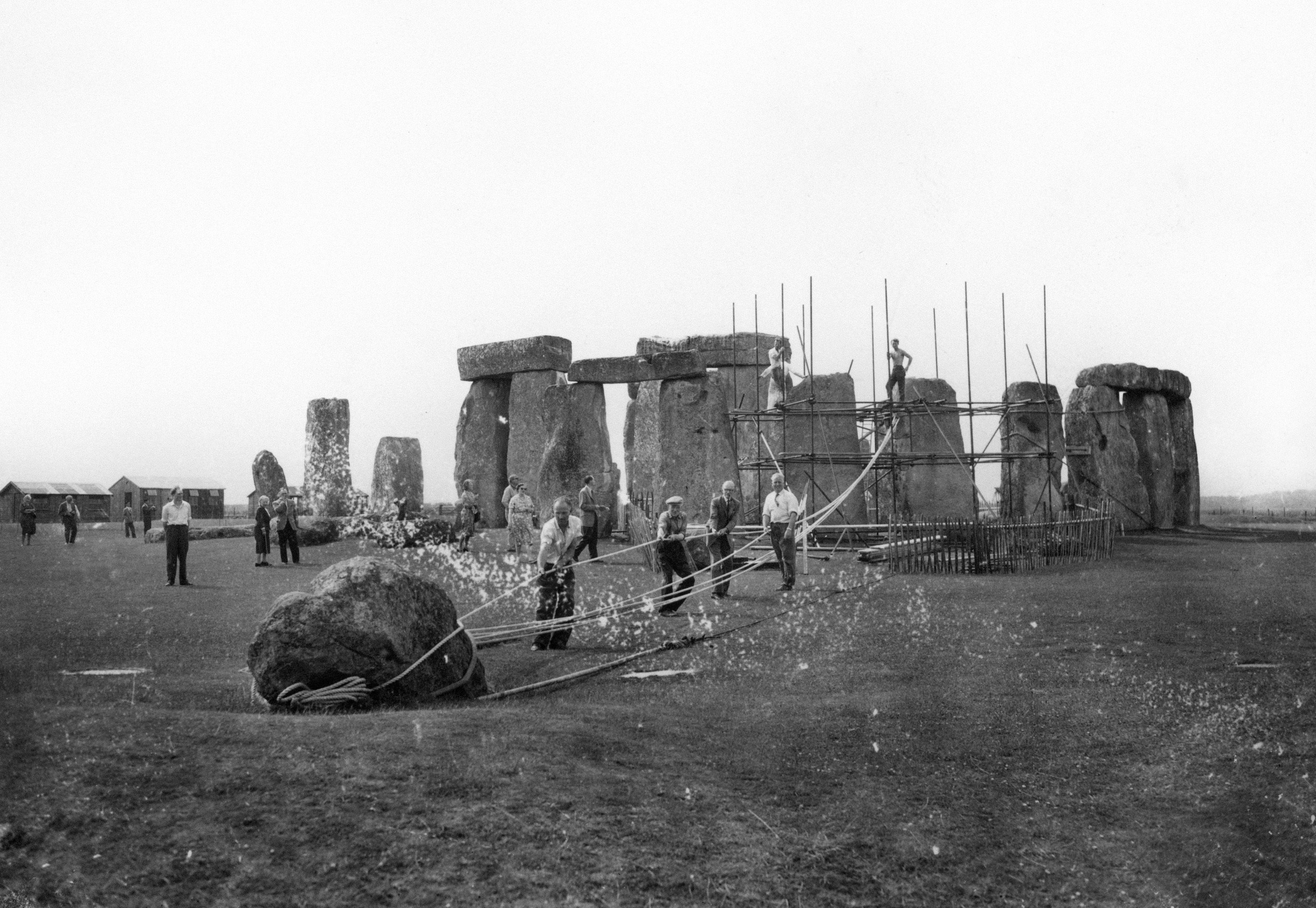 Photo dated 30/06/1959 of what is known to the Ministry of Works as No. 91 Station Stone undergoing preparations to be straightened at Stonehenge