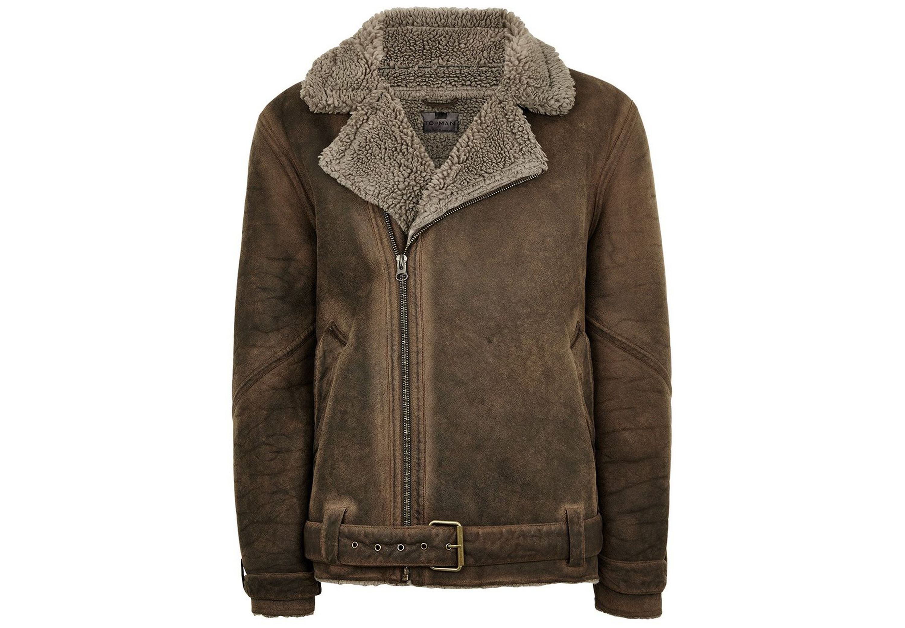 Topman Tan Overdyed Faux Shearling Biker Jacket