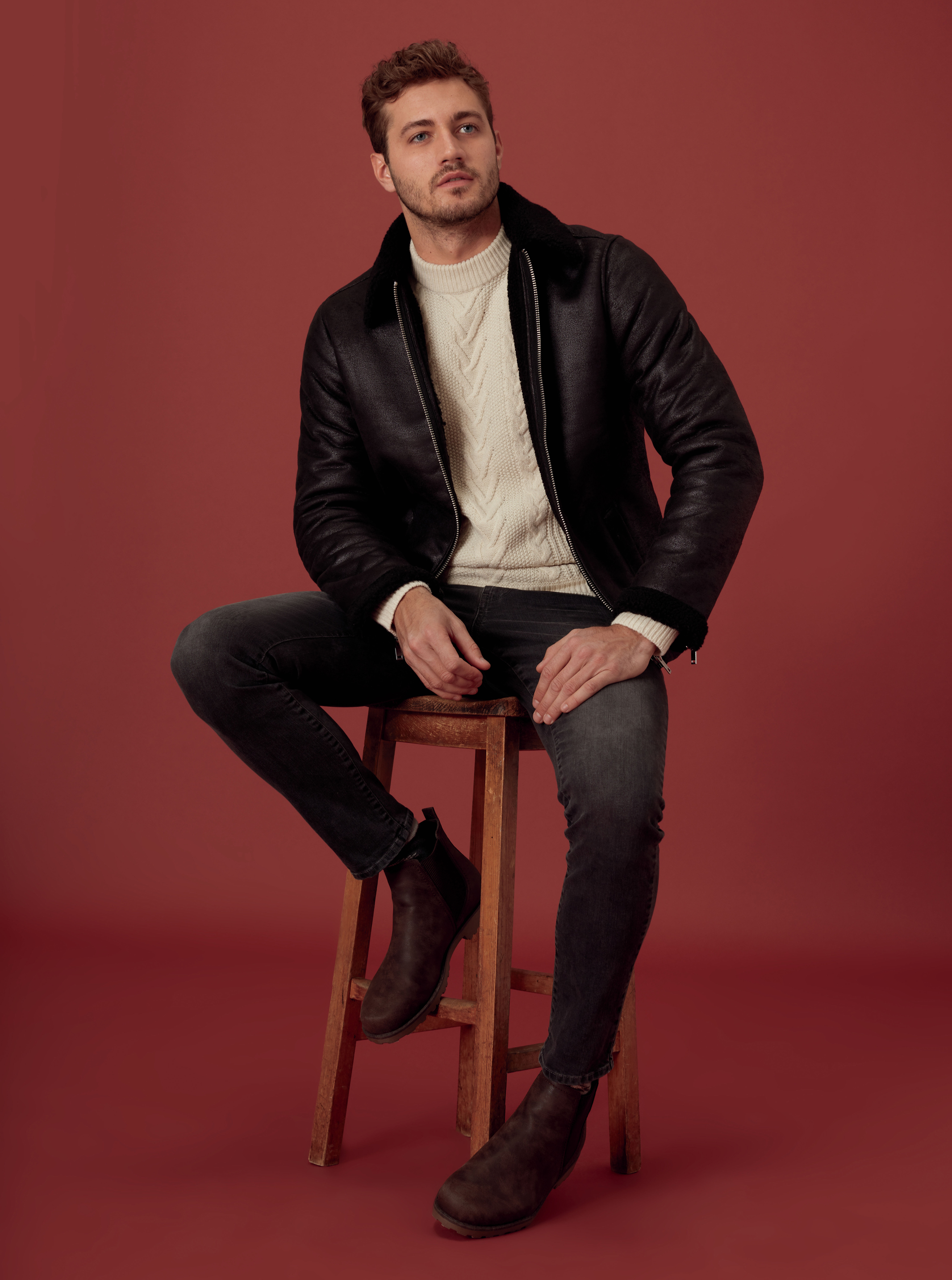 model wearing F&F Aviator Jacket Lambswool Jumper, Black Jeans, Chelsea Boots