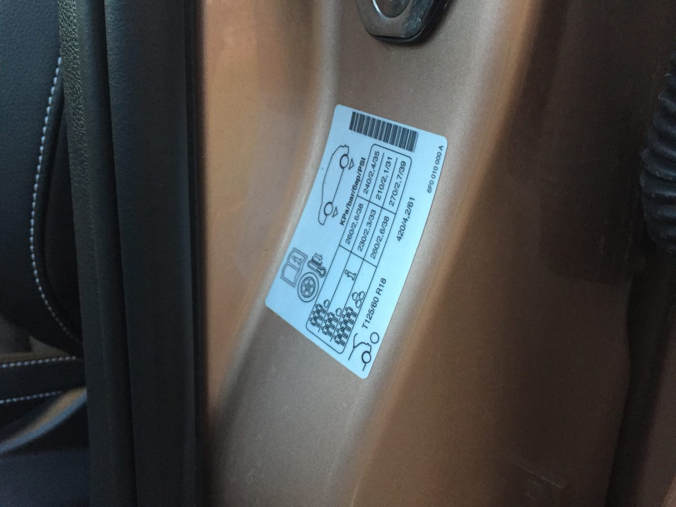 The tyre pressure sticker is now located inside the door