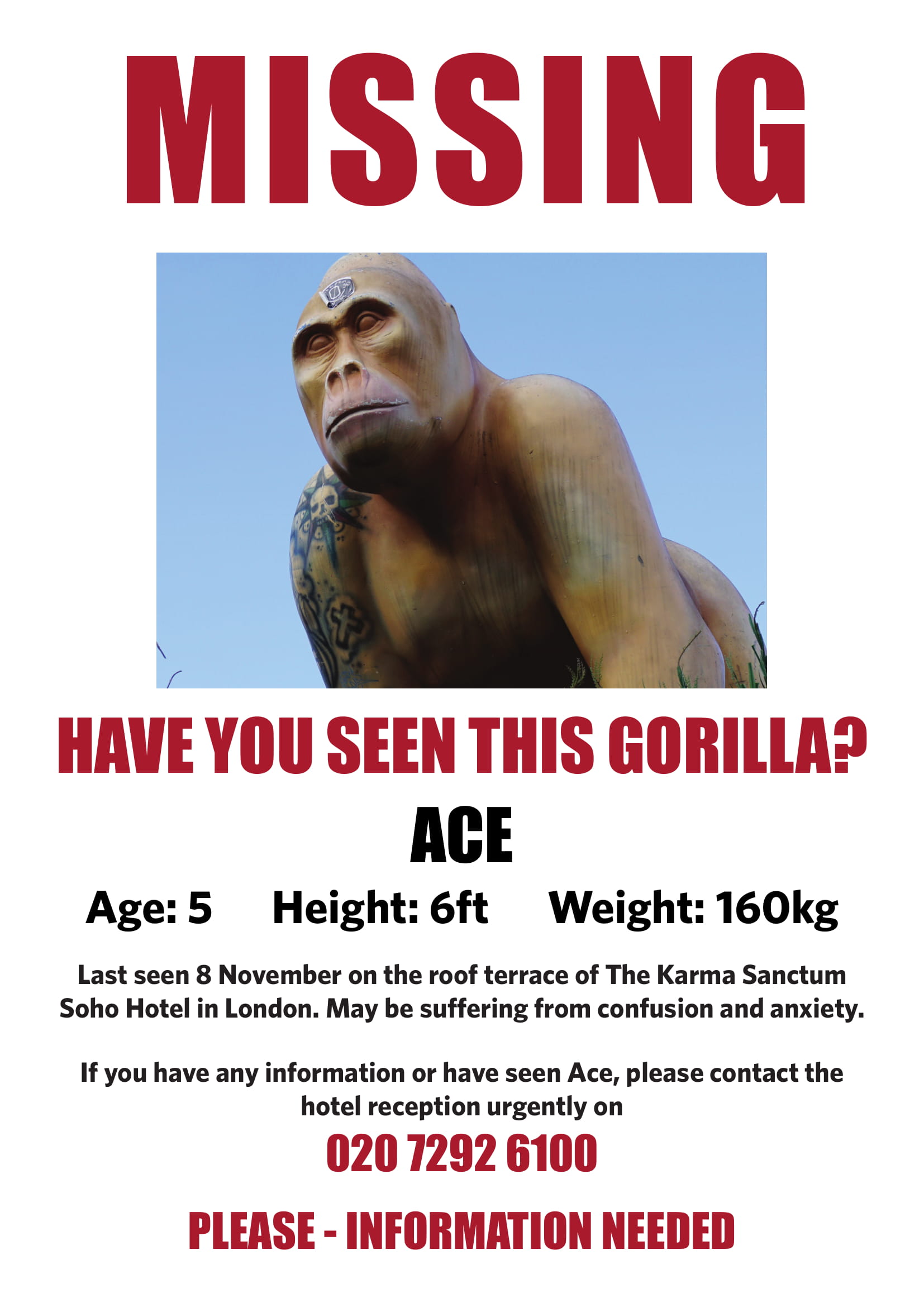 A missing posted for the gorilla statue