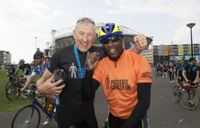 Former England players Viv Anderson (right) and Terry Butcher (left) have both got on their bike for charity. (Prostate Cancer UK Handout)