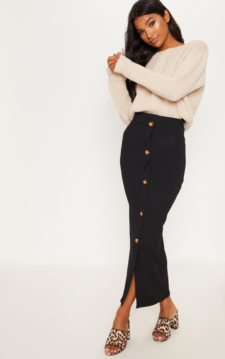 PrettyLittleThing Black Button Front Midaxi Skirt