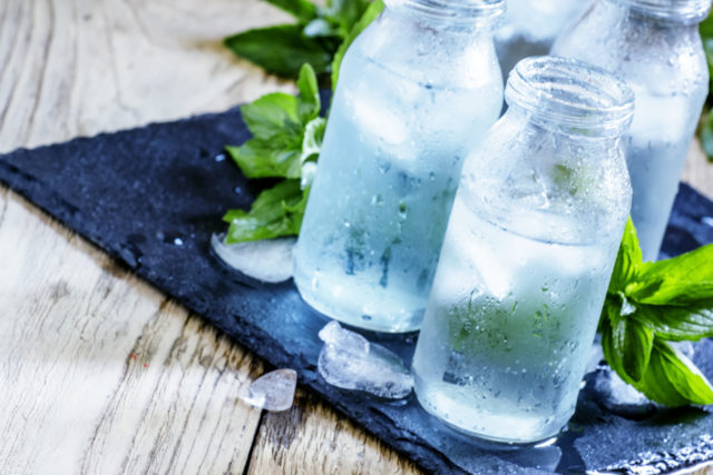 Cold water in glass bottles