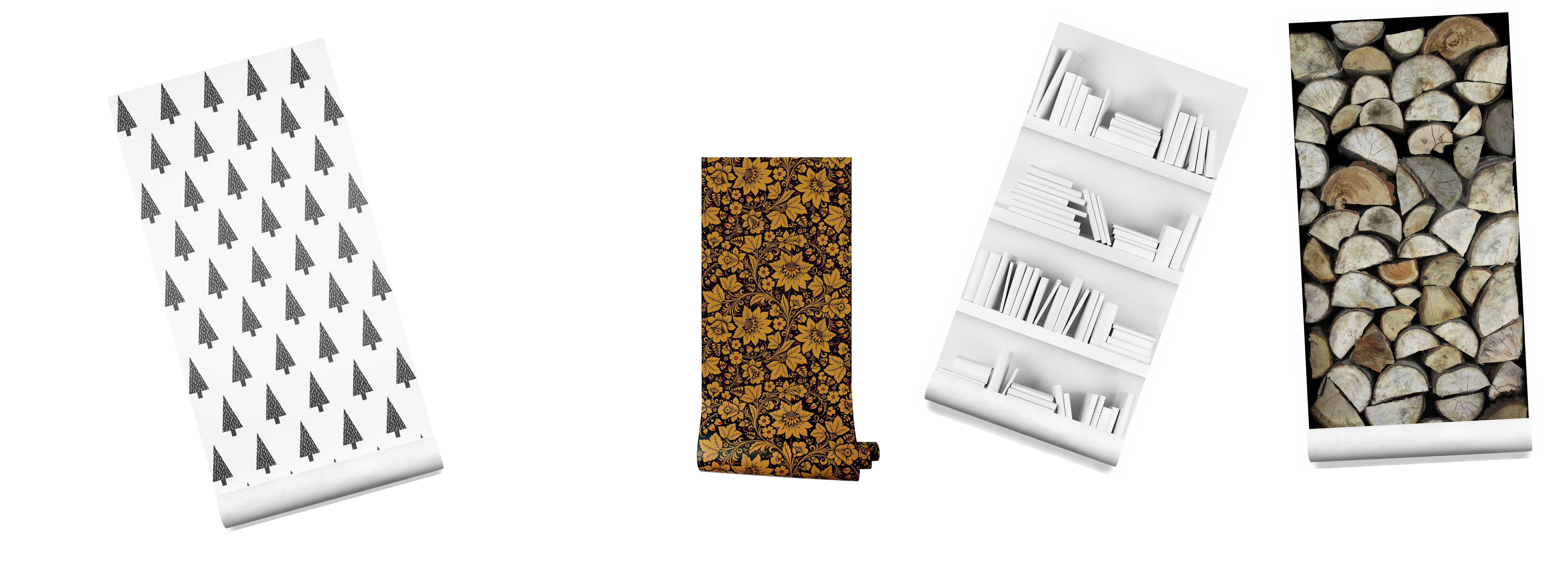 (L-R) Spruce Wallpaper, by Karlie Klum, £28 a roll, Lime Lace; Milana-Gold Wallpaper, £109 a roll, Olenka Design; Books Wallpaper and Logs Wallaper by Karlie Klum, 79 a roll, Lime Lace (Lime Lace/Olenka Design/PA)