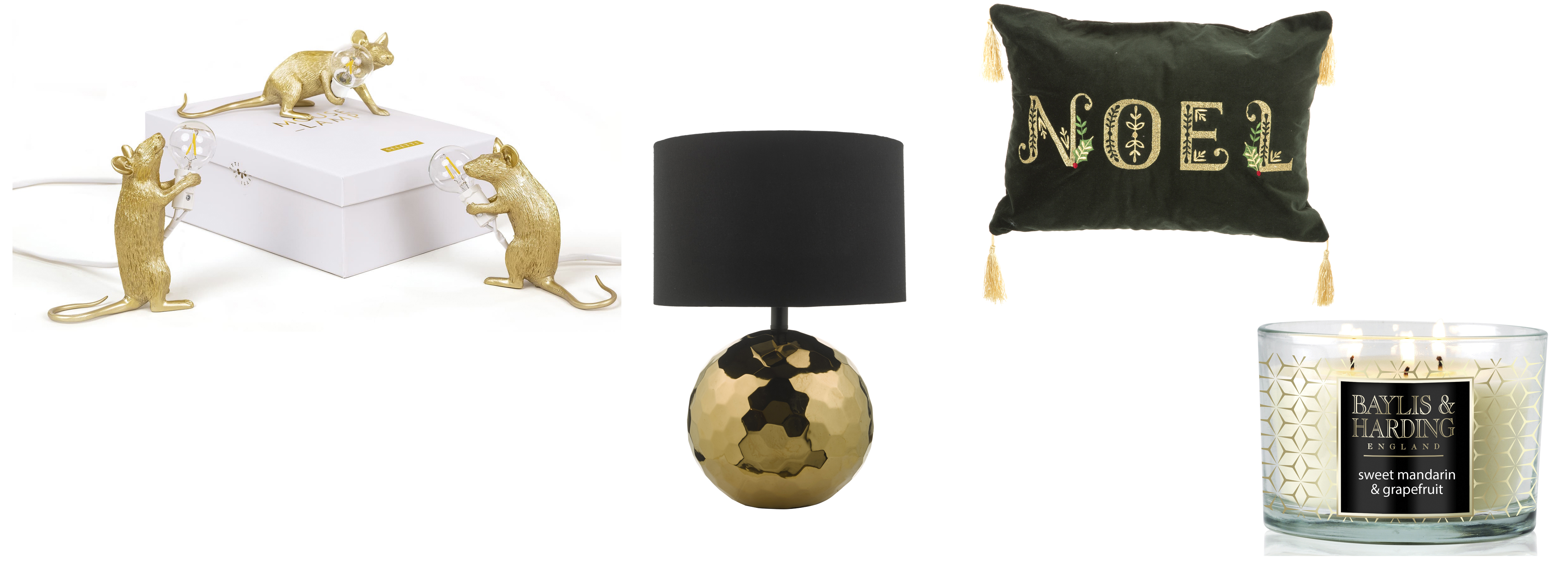 (L-R) The Seletti Gold Mouse Lamp, £73, Smithers of Stamford; Kolton Table Lamp With Gold Ceramic Shade, £132, Dar Lighting; Noel Cushin, £19.99, Dobbies Stores; Baylis & Harding Sweet Mandarin & Grapefruit, currently reduced from £15 to £12, Amazon (Smithers of Stamford/Dar Lighting/Dobbies/Amazon/PA)