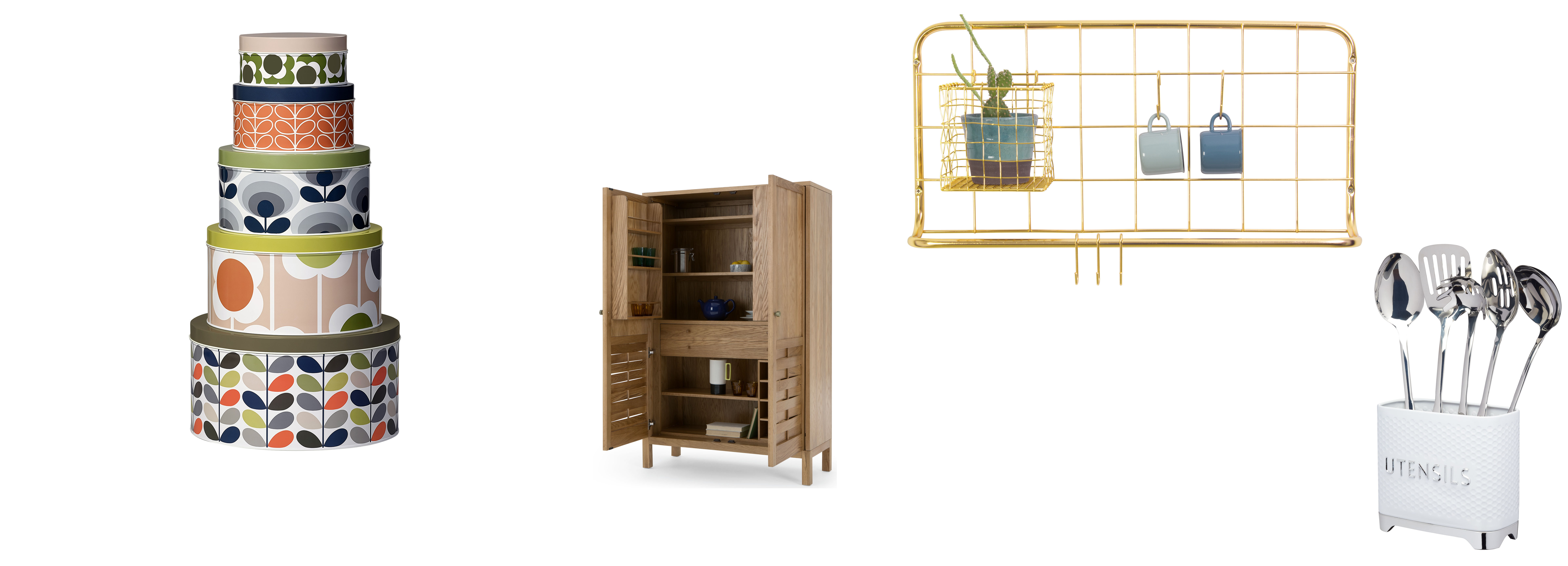 (L-R) Orla Kiely House Nesting Cake Tins Assorted Flowers,set of 5, currently reduced from £39.95 to £31.96, Hurn & Hurn; Newbury Larder Unit, Oak, £749, Made.com (Available from end March);Wall Mounted Open Grid Kitchen Rack, Gold, currently reduced from £35 to £24, Cult Furniture; Lovello Retro Utensil Holder with Geometric Textured Finish, Ice White, Kitchencraft.co.uk (Hurn & Hurn/Made.com/Cult Furniture/Kitchencraft/PA)
