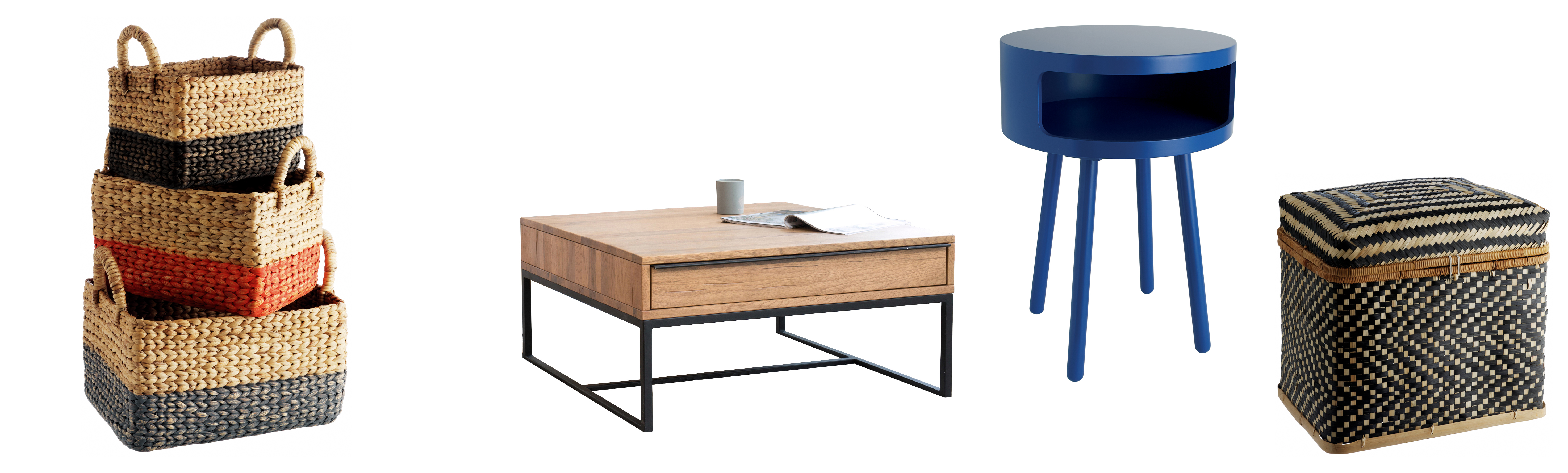 (L-R) Coby, Set of 3, Multi-coloured Rectangular Water Hyacinth Baskets, currently reduced from £35 to £17.50, Habitat; Rocco Industrial Oak Rustic Coffee Table, £445, Modish Living; Bumble Cobalt Blue SideTable With Storage Shelf, £80, Habitat; Idaho Bamboo Lidded Storage Trunk, from £30, Habitat (Habitat/Modish Living/PA)