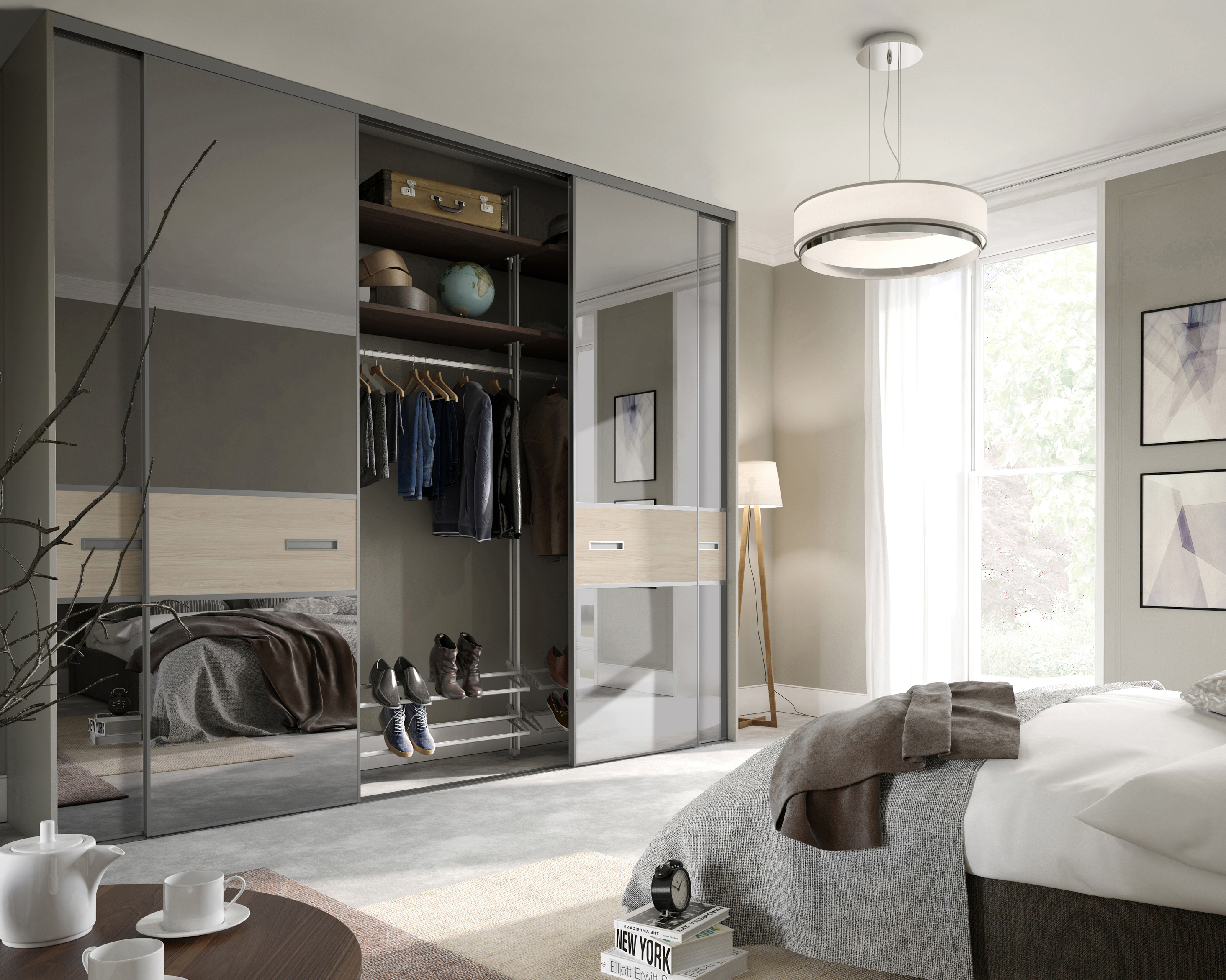 Spaceslide Premier Mini sliding doors in Grey Mirror and Cape Elm. RRP from £550, Spaceslide.co.uk (Spaceslide/PA)