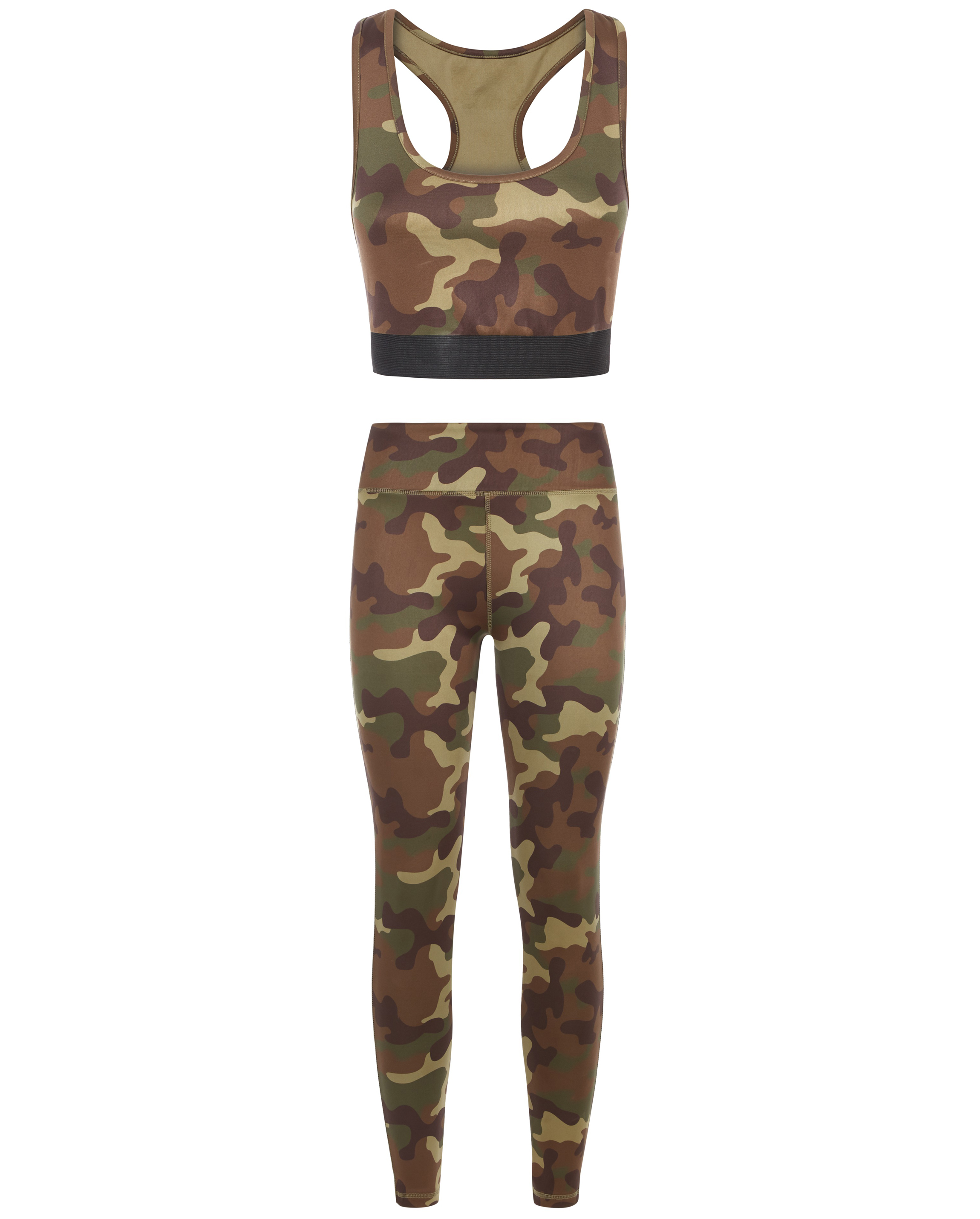 model wearing New Look Khaki Camo Print Sports Bralette; Khaki Camo Print Sports Leggings