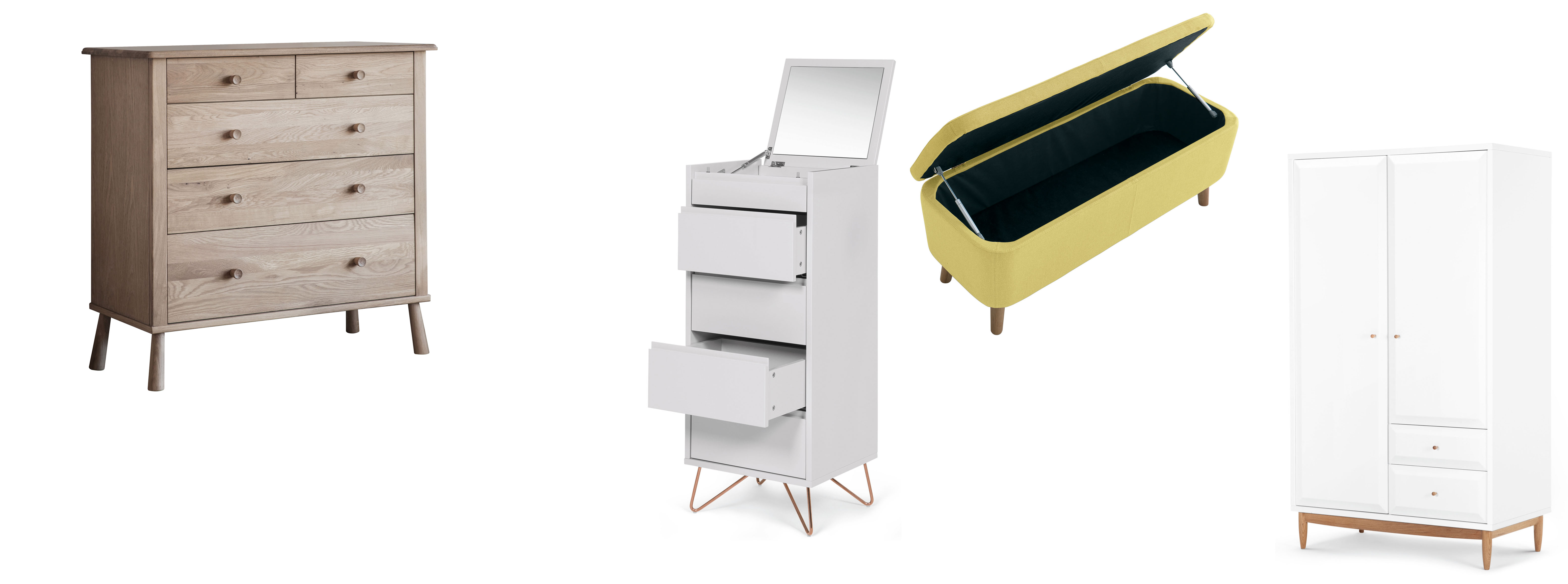(L-R) Bergen Oak Chest of Drawers, £950, Cox & Cox; Elona Vanity Chest of Drawers, White Gloss, currently reduced from £299 to £249, Made.com; Jacobs Safforn Yellow Upholstered Storage Bench, £250, Habitat; Willow Triple Wardrobe, White & Oak, £899, Made.com (Cox & Co/ Made.com/Habitat/PA)