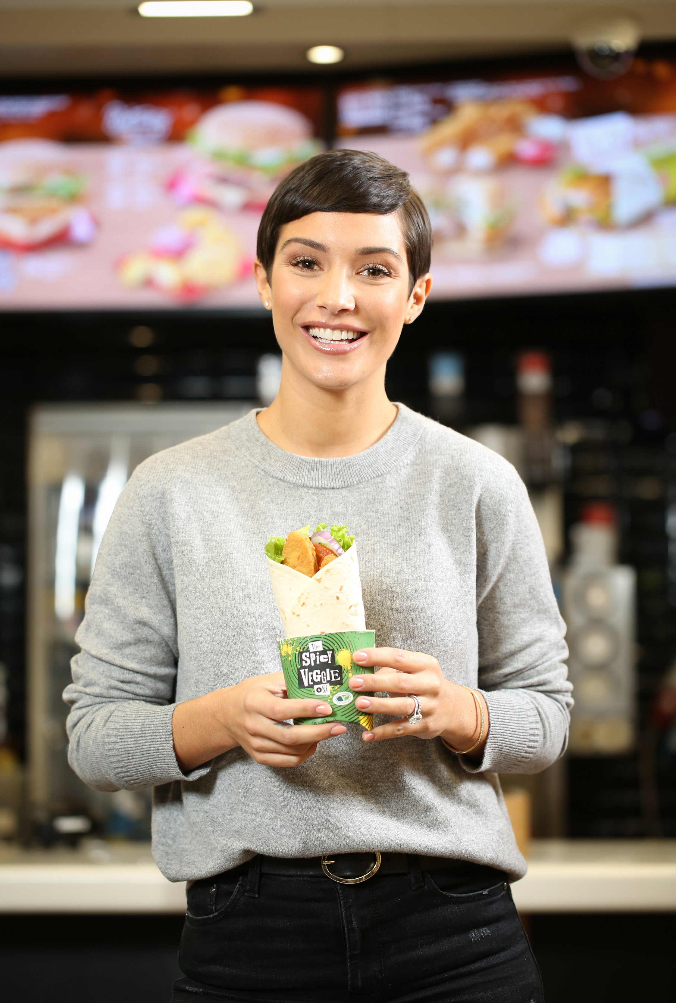Frankie Bridge with a new Spicy Veggie Wrap on the menu at MacDonalds, as research reveals a third of McDonald’s customers want to include more meat free meals into their household’s diets. (Matt Alexander/PA)