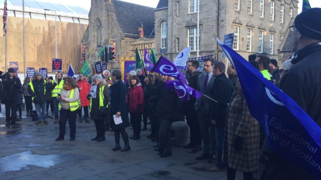 Striking Scottish college lecturers protesting outside the Scottish Parliament in Edinburgh 