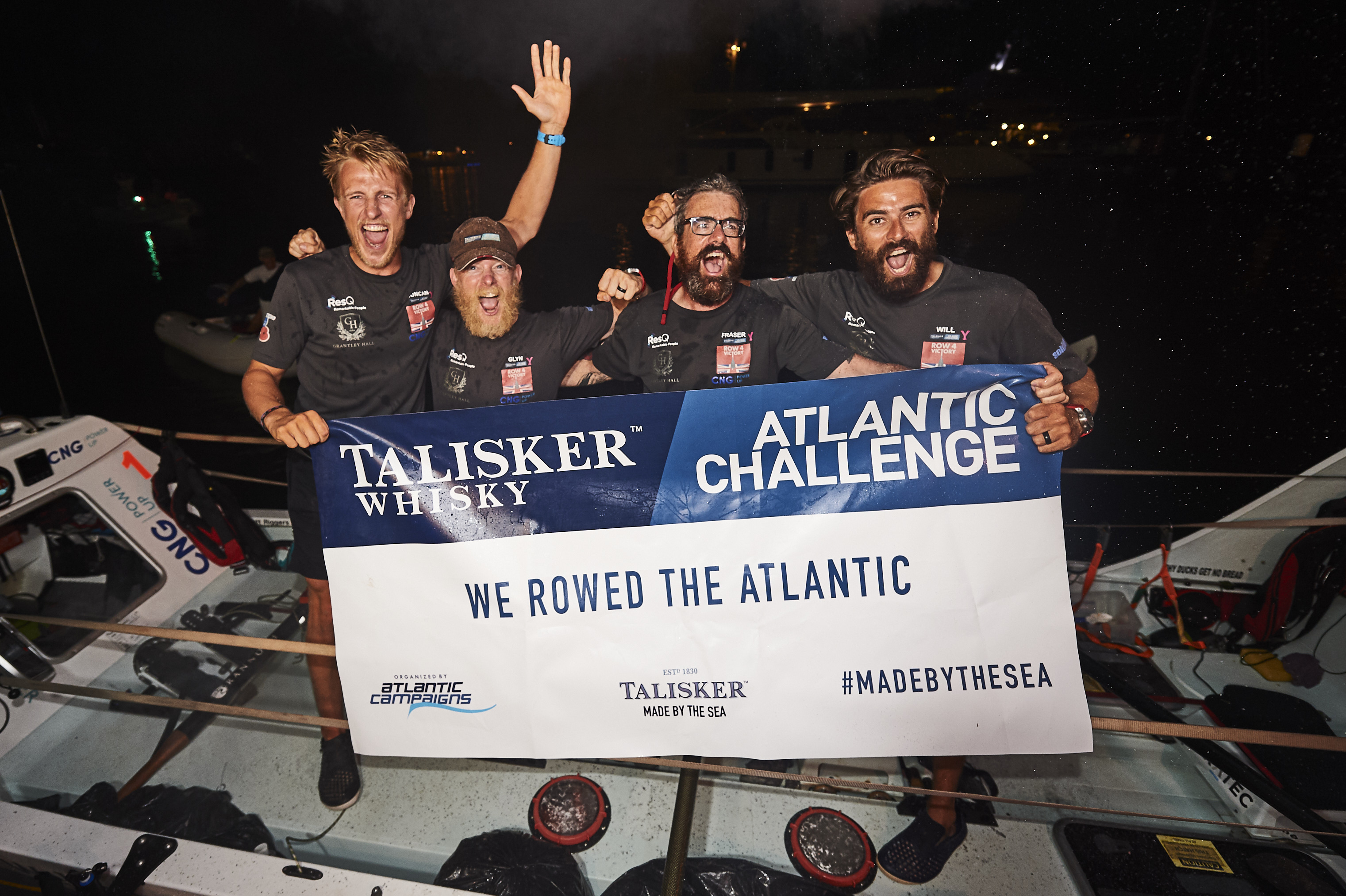 The Row4Victory team (left to right: Duncan Roy, Glyn Sadler, Fraser Mowlam, Will Quarmby) completed the 3,000-mile trans-Atlantic rowing race, the Talisker Whisky Atlantic Challenge, in fifth place (Talisker Whisky Atlantic Challenge/PA)