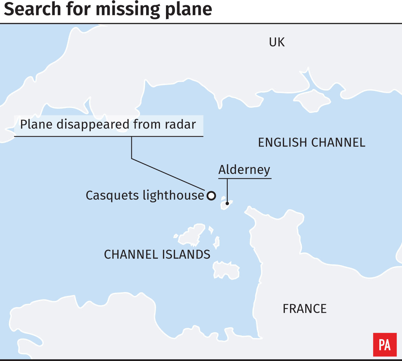 Graphic locates search for a missing aircraft near Alderney in the Channel Islands