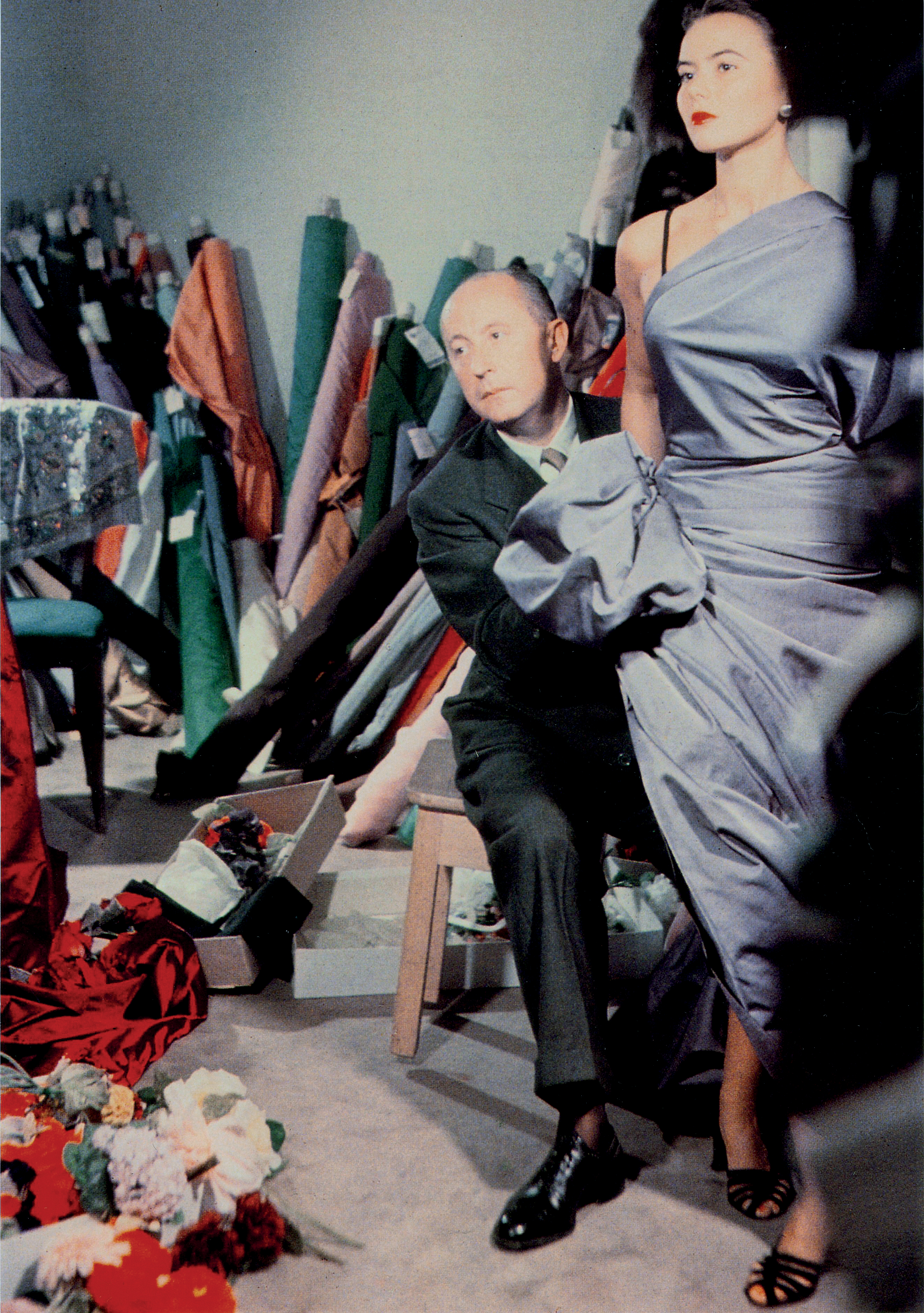 Christian Dior with model Sylvie, circa 1948