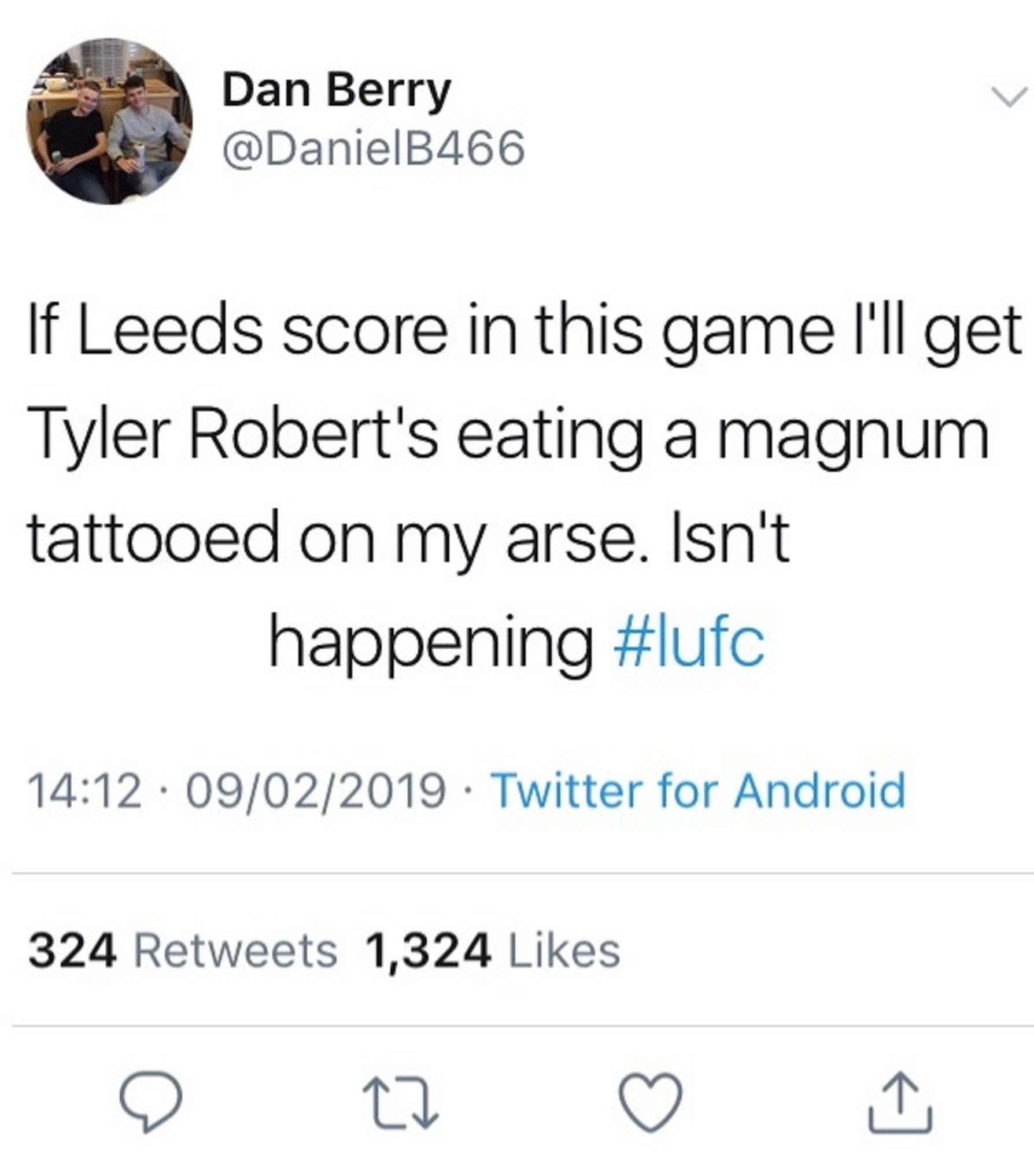 A screen grab of Daniel's tweet before Kalvin Phillips scored a dramatic equaliser for Leeds against Middlesbrough