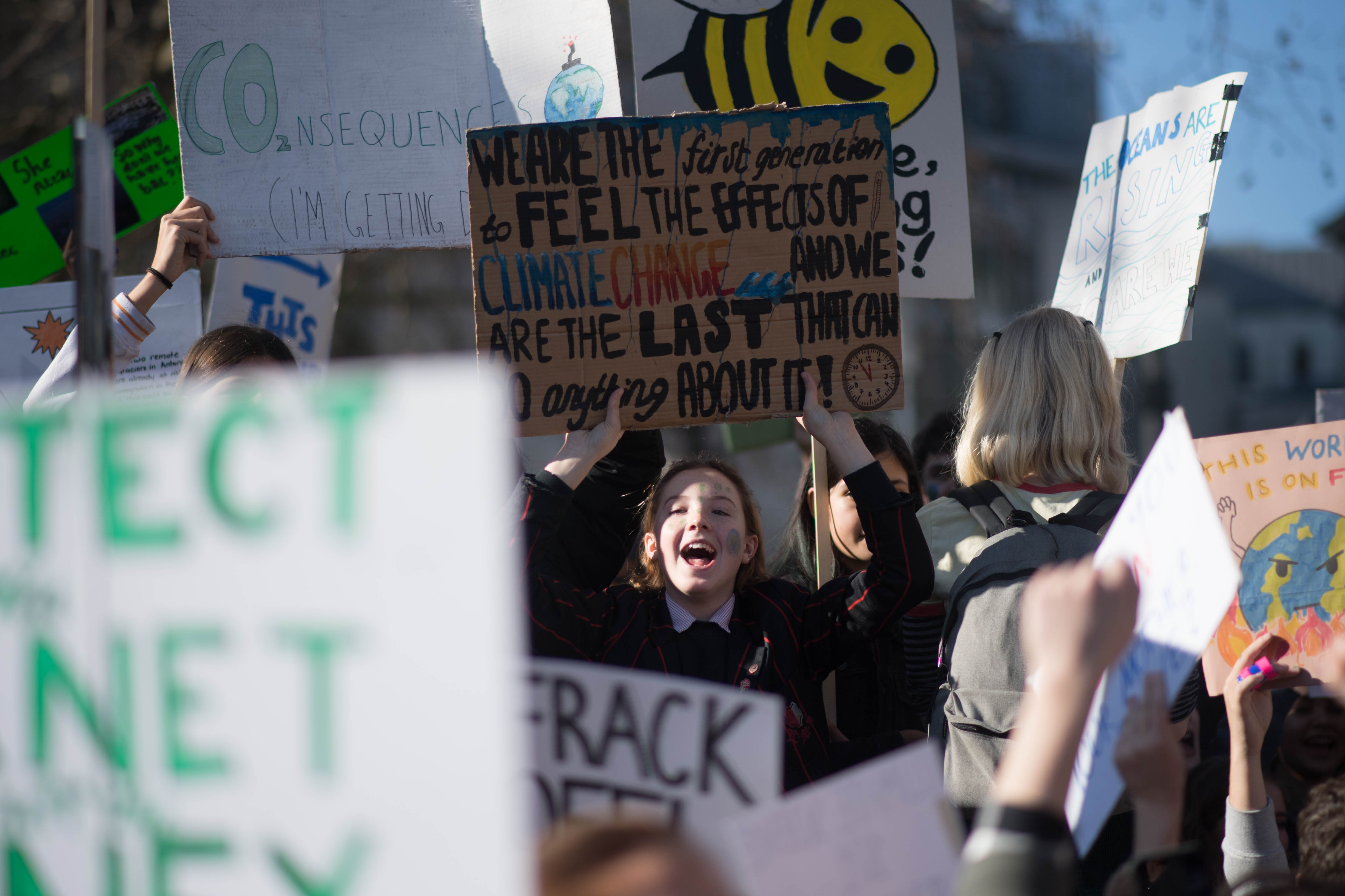 Students from the Youth Strike 4 Climate movement during a climate change protest on Parliament Square in Westminster, London