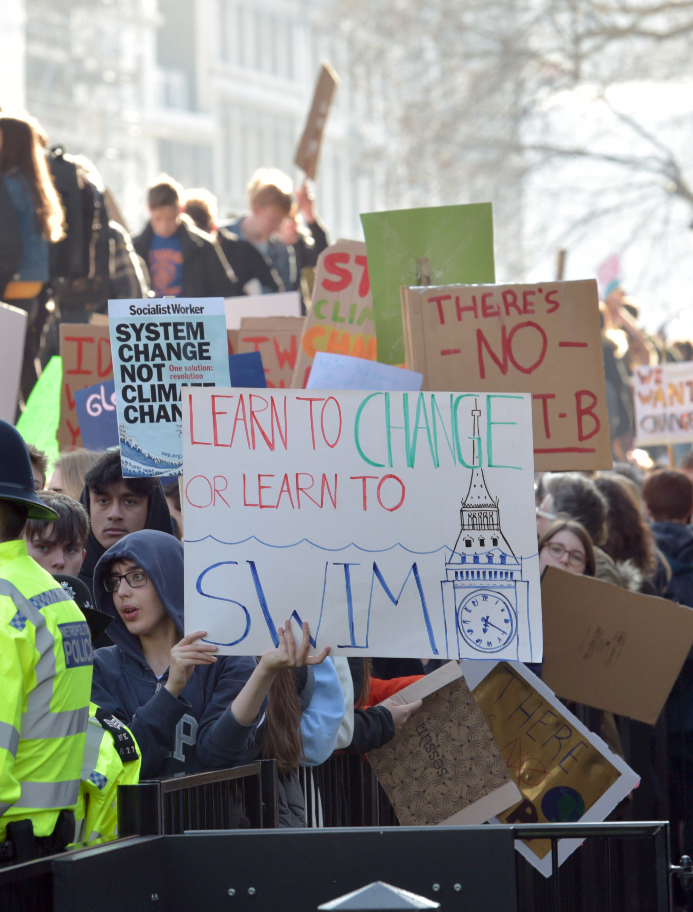 Students from the Youth Strike 4 Climate movement outside the gates of Downing Street during a climate change protest on in Westminster, London