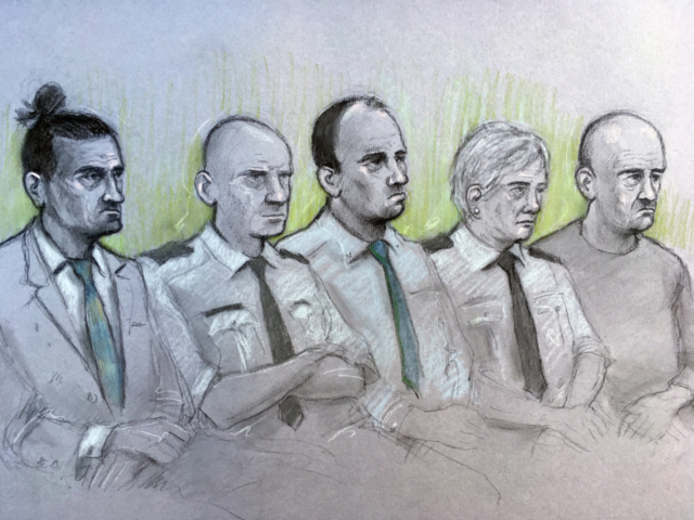 Court artist sketch by Elizabeth Cook of (left to right) David Osborne, male dock officer, Ieuan Harley, female dock officer and Darran Evesham, during their trail at Newport Crown Court for their part in the murder of convicted child killer David Gaut.