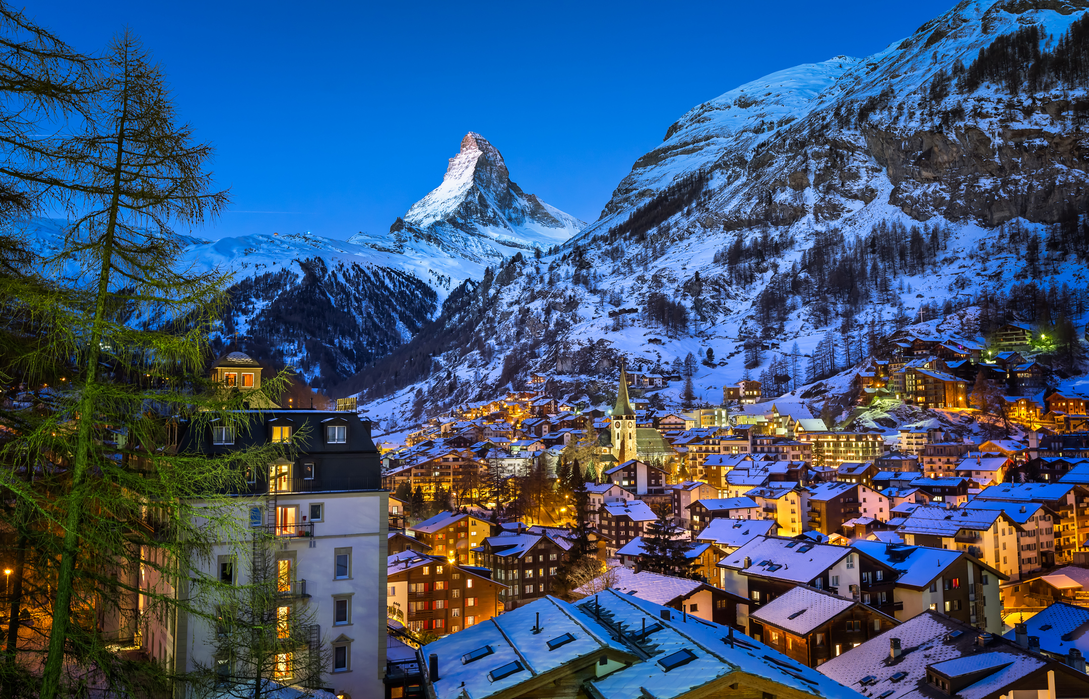 Aerial View on Zermatt Valley and Matterhorn Peak at Dawn, Switzerland