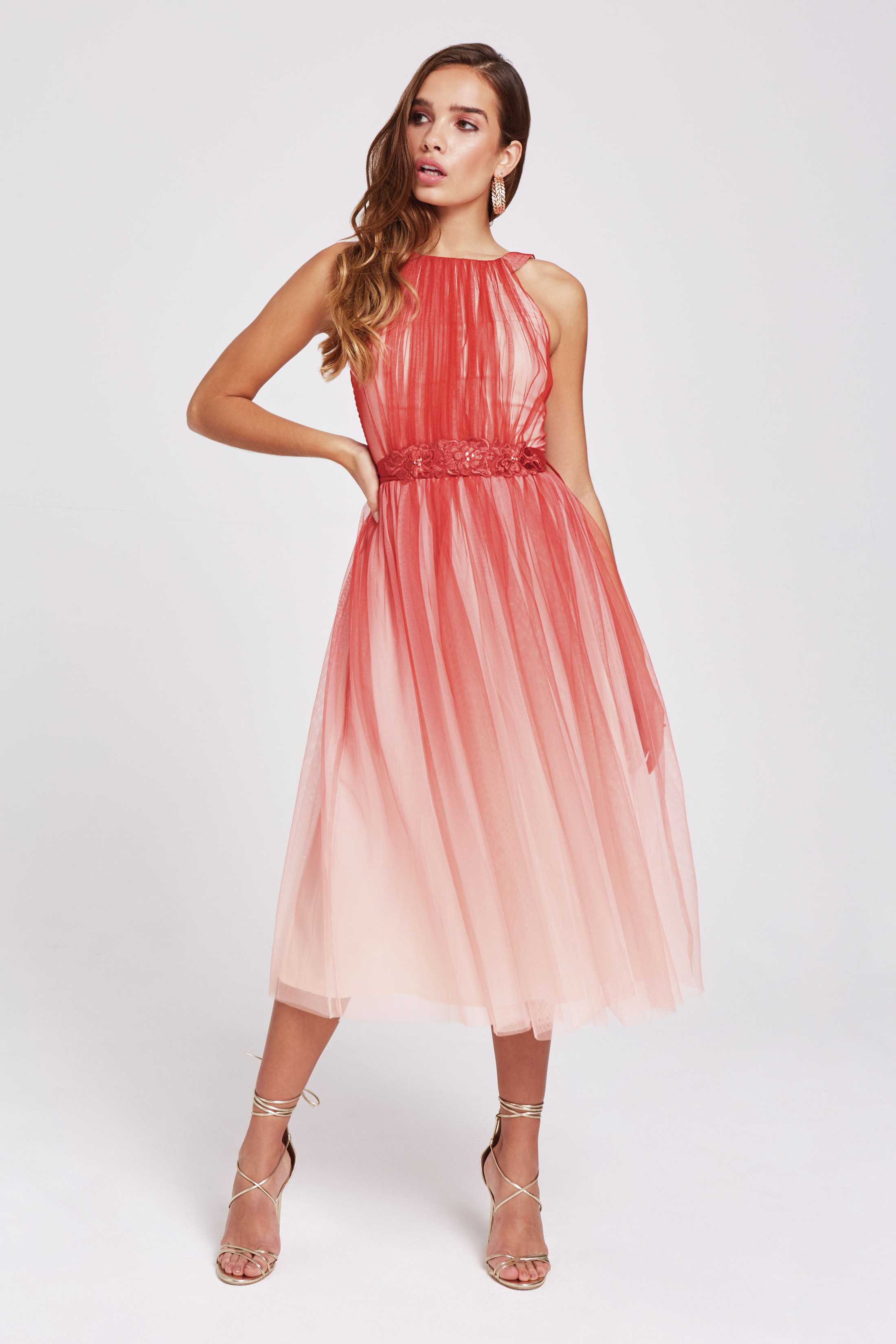 Little Mistress Carissa Grapefruit Floral Belt Midi Dress